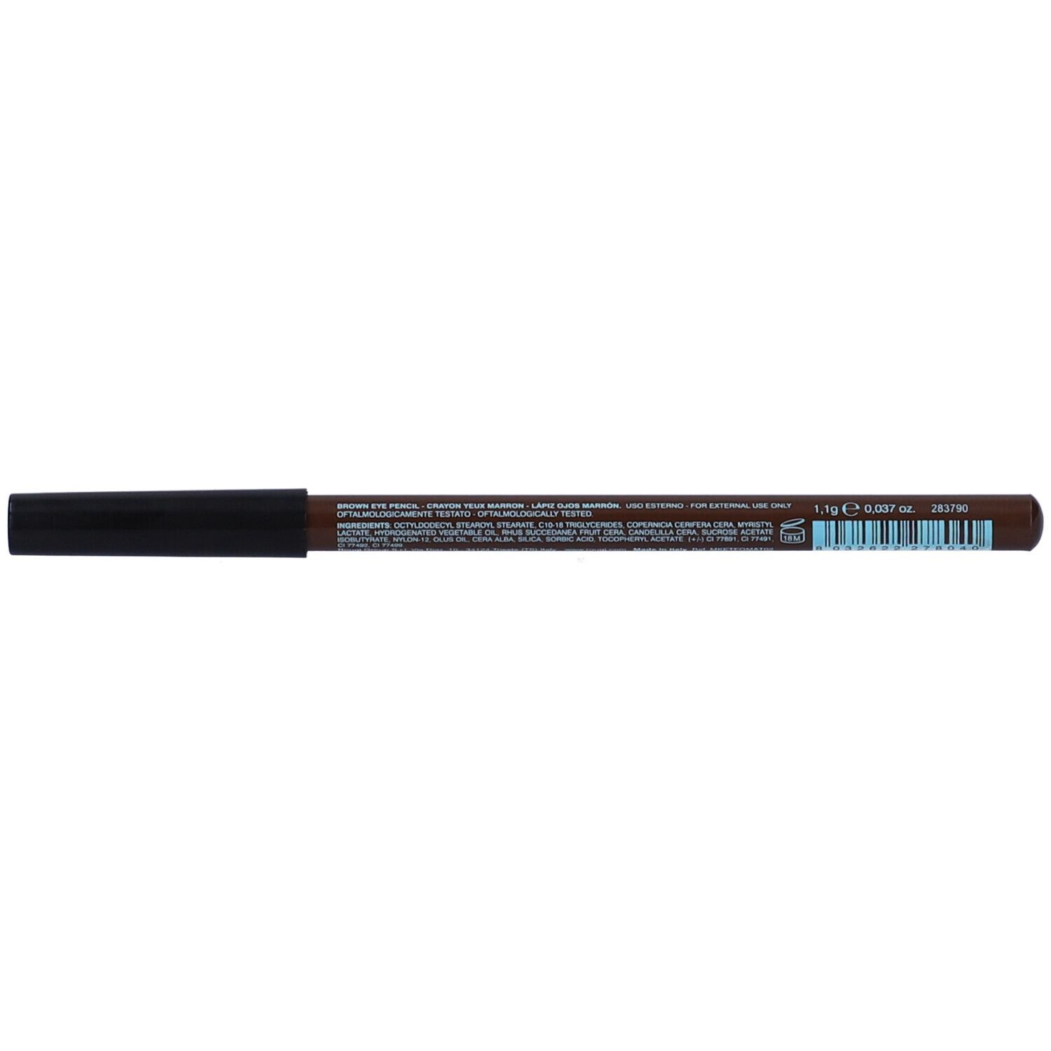 Brauner Augenstift mit schwarzer Kappe. Text und Barcode auf dem Stift.