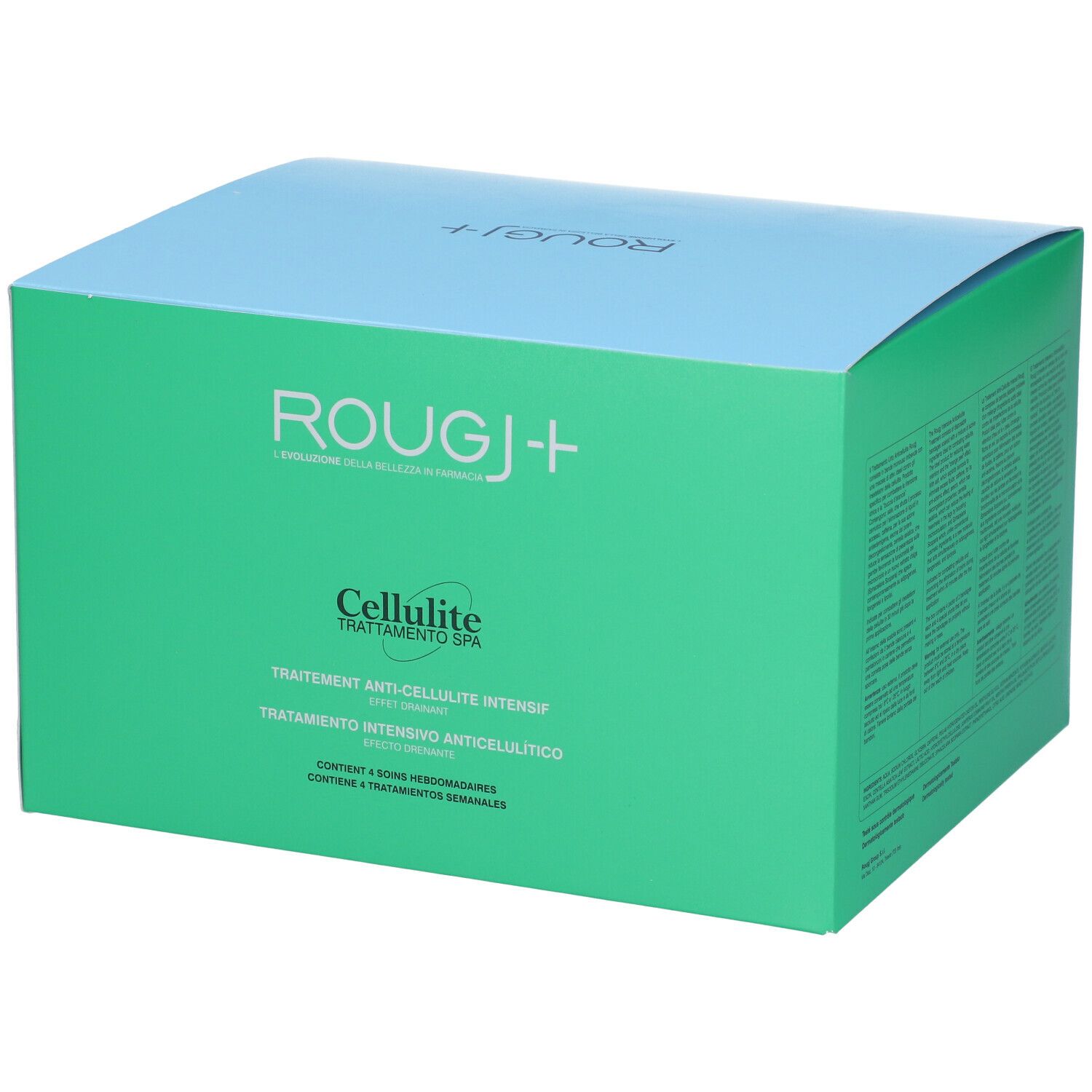 Confezione verde e blu. Scritta ROUGJ+ Cellulite Trattamento Spa. Testo in italiano e francese.