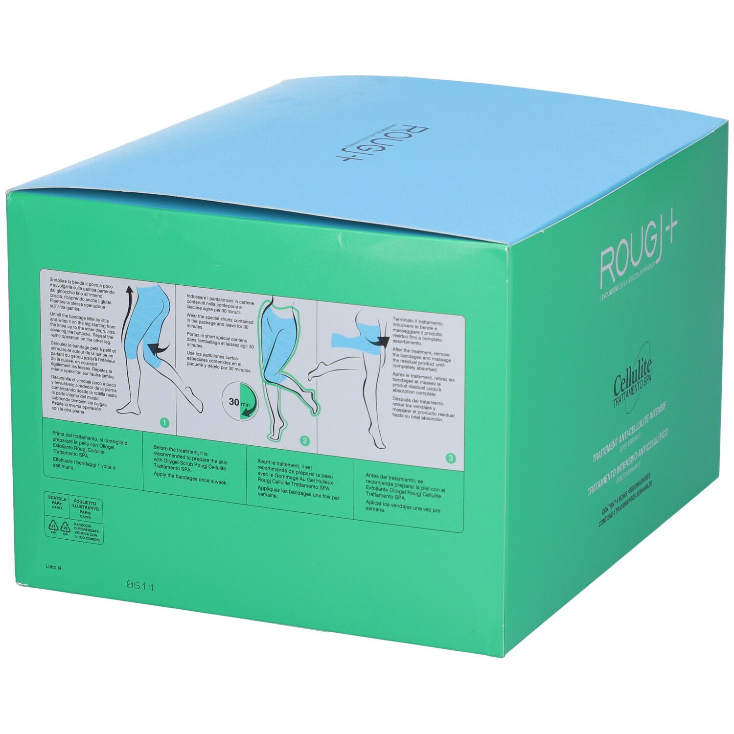 Retro della confezione verde e blu. Illustrazioni e testo in italiano. Testo: Cellulite Trattamento Spa.