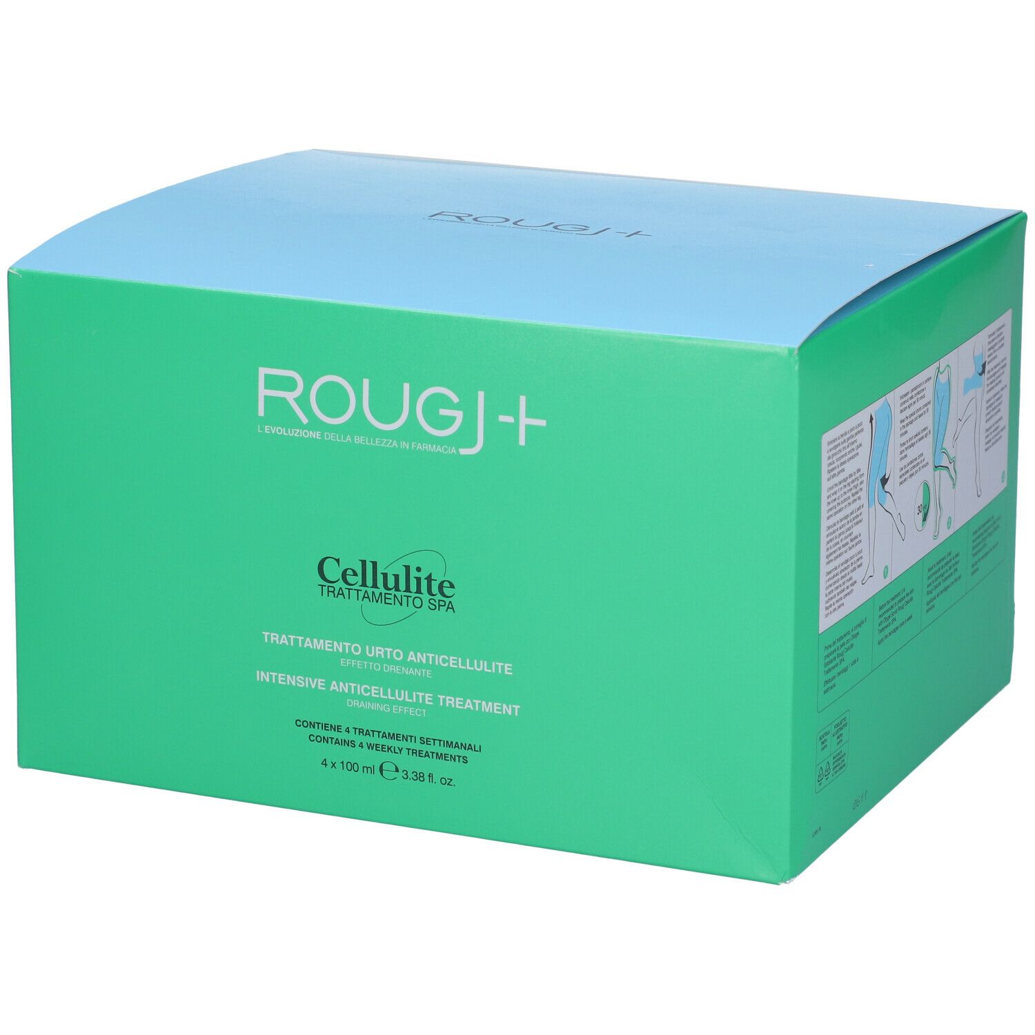 Confezione verde e blu. Scritta ROUGJ+ Cellulite Trattamento Spa. Testo in italiano e francese. 4 x 100 ml.