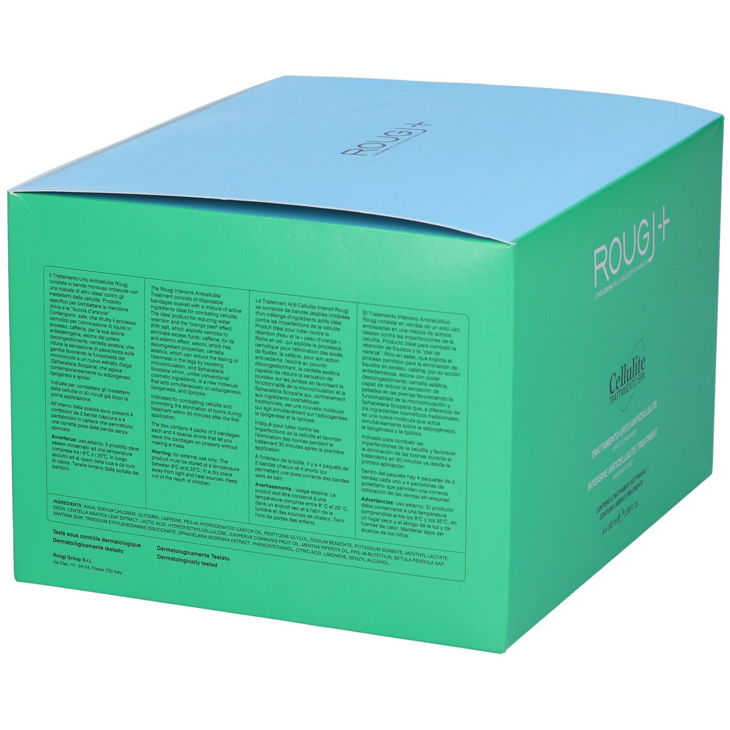 Retro della confezione verde e blu. Testo in italiano. Testo: Cellulite Trattamento Spa. Testato dermatologicamente.