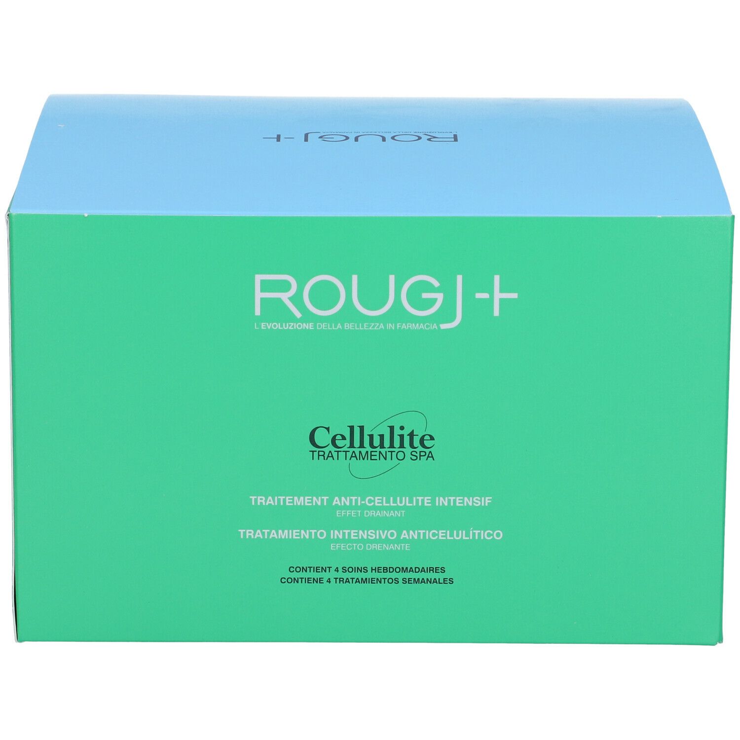 Confezione verde e blu. Scritta ROUGJ+ Cellulite Trattamento Spa. Testo in italiano e francese.