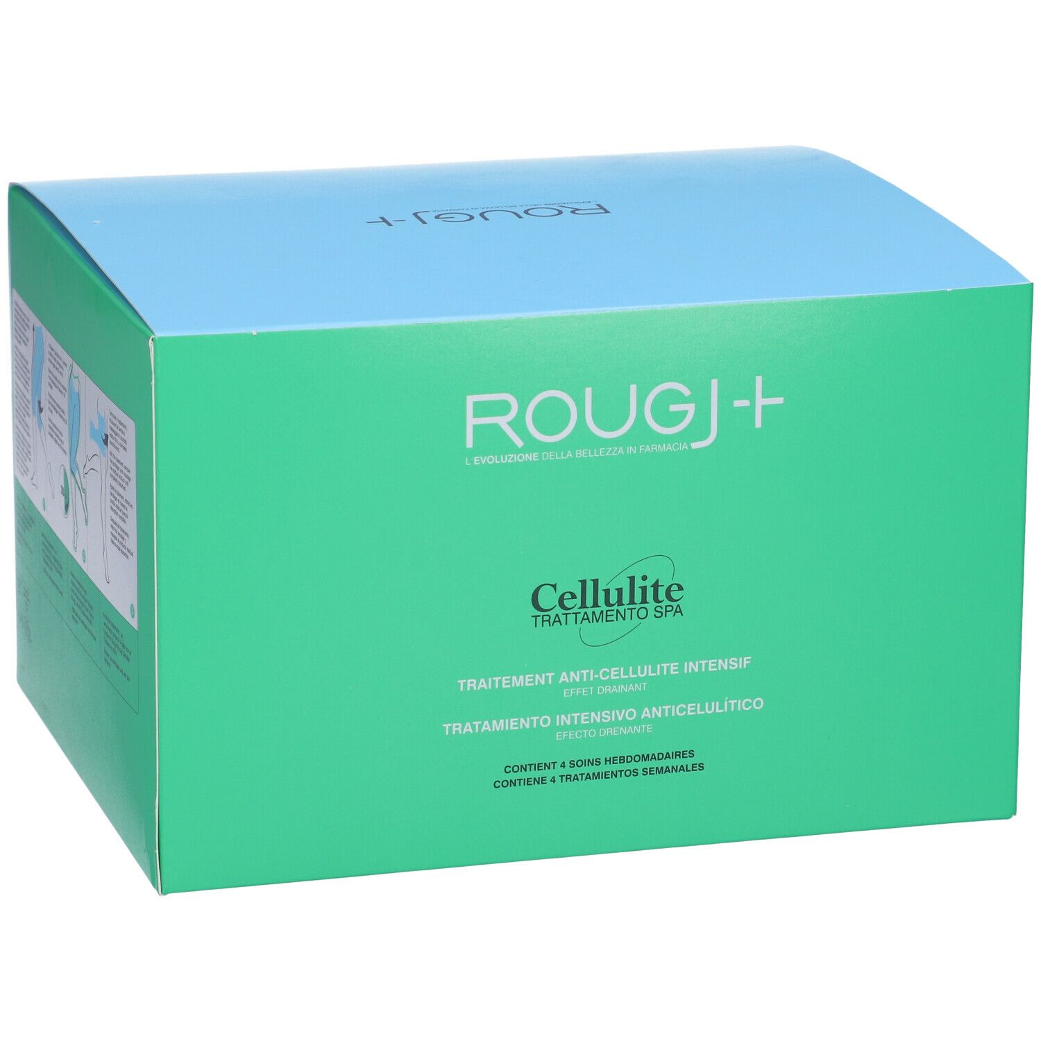 Confezione verde e blu. Scritta ROUGJ+ Cellulite Trattamento Spa. Testo in italiano e francese.