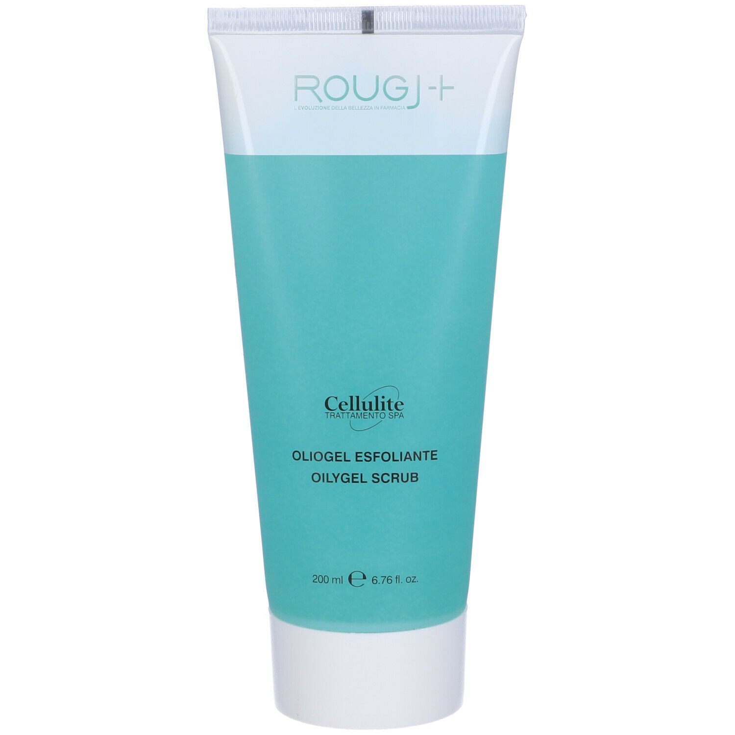 Tubo di gel blu-verde. Marchio "ROUGJ+". Scritta "Cellulite" e "Oliogel Esfoliante".