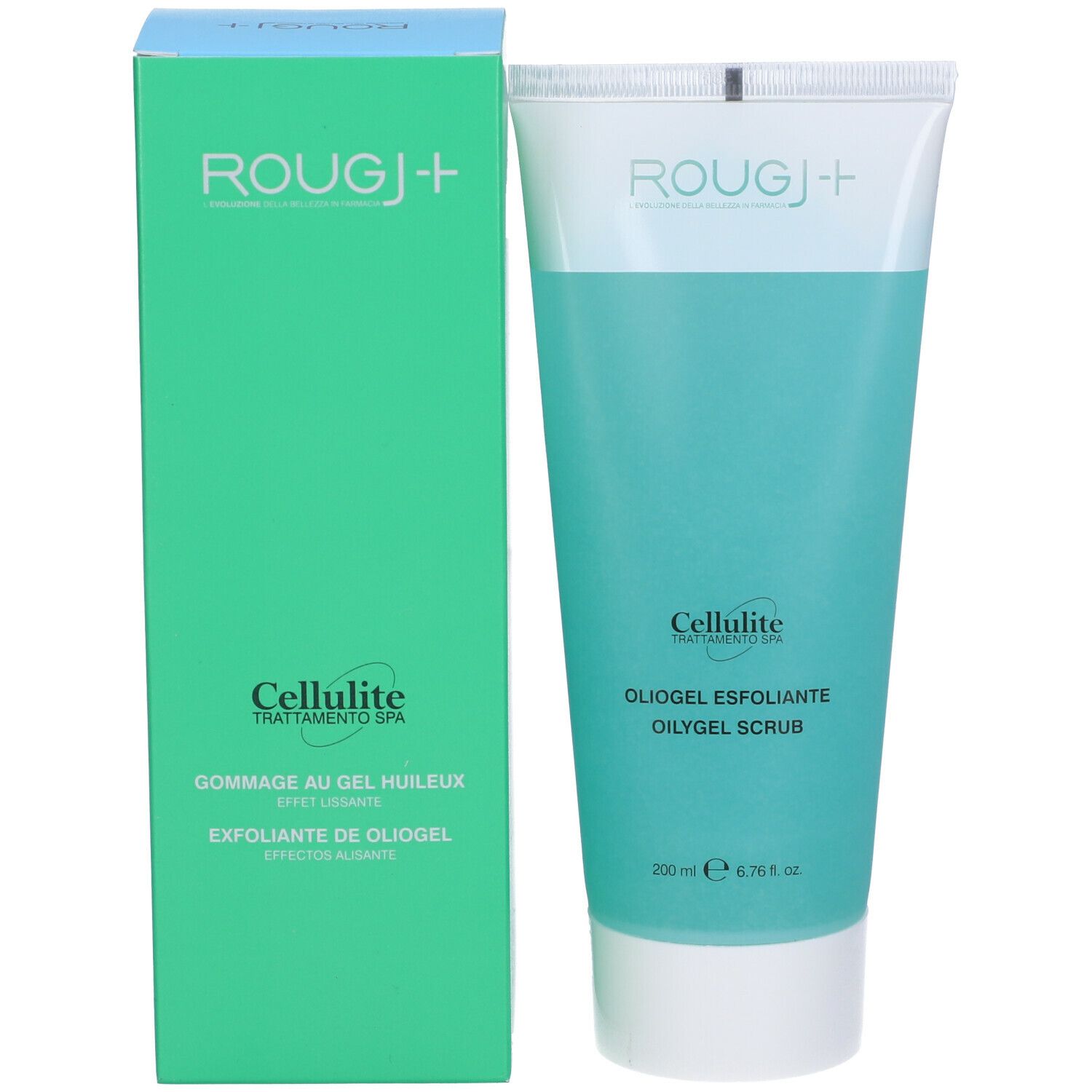 Tubo e scatola. Tubo: gel blu-verde. Scatola: verde con "ROUGJ+" e "Cellulite".