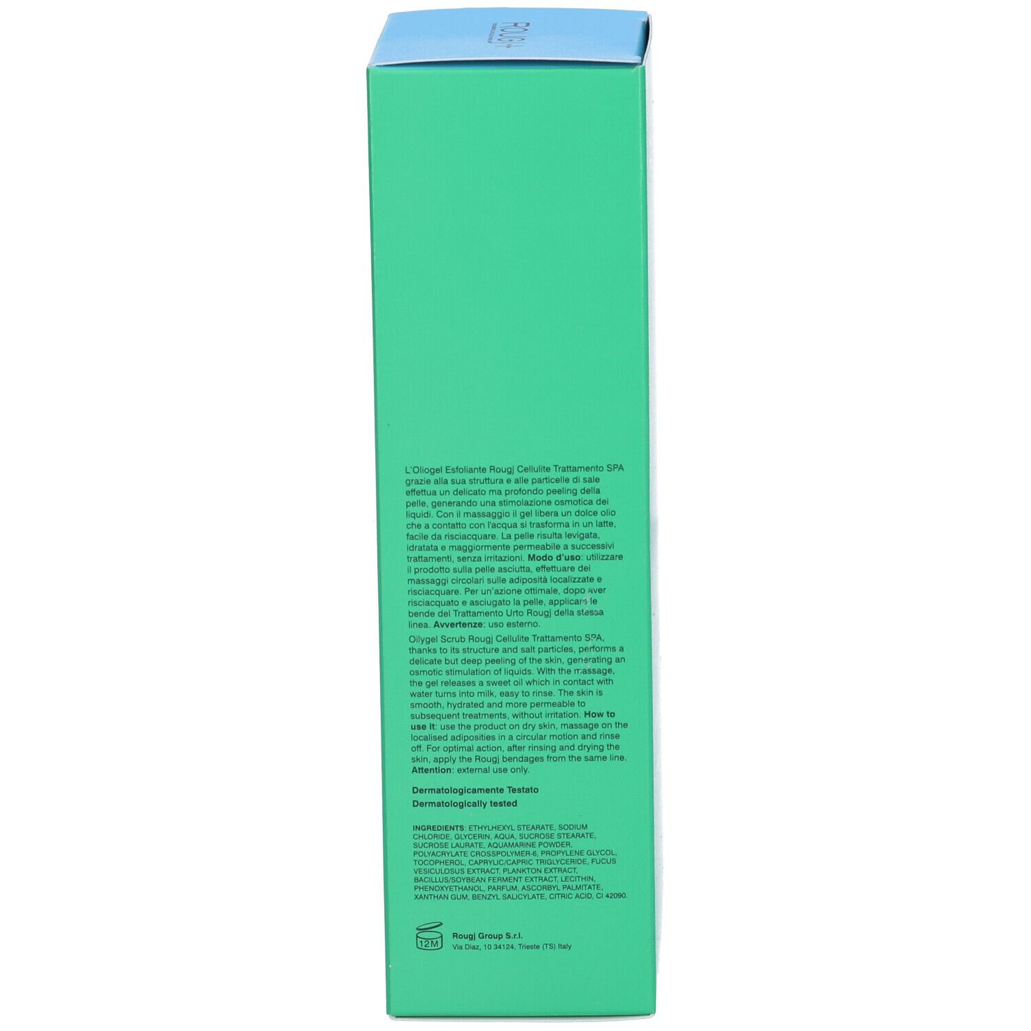 Retro della scatola verde. Testo multilingue. Parte superiore blu.
