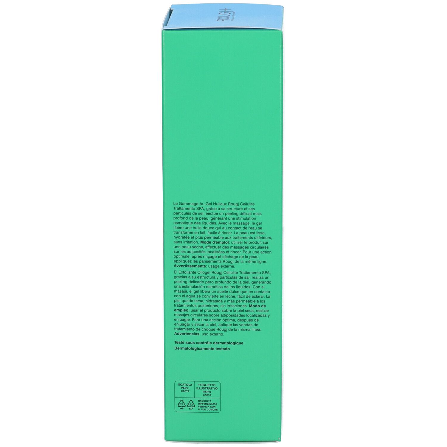 Retro della scatola verde. Testo multilingue. Parte superiore blu. Loghi.