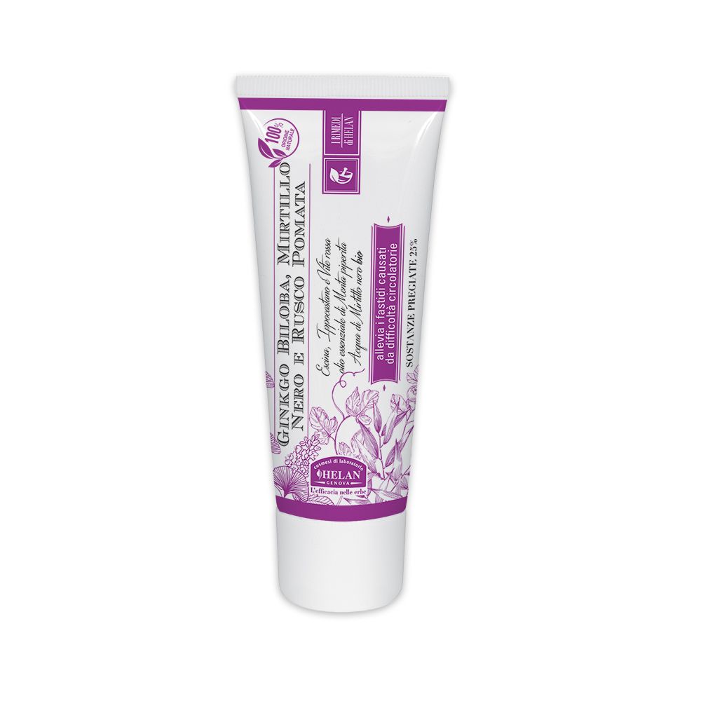 Tubo di crema con nome e logo del prodotto. Colori viola e bianco. Ingredienti naturali al 100%.