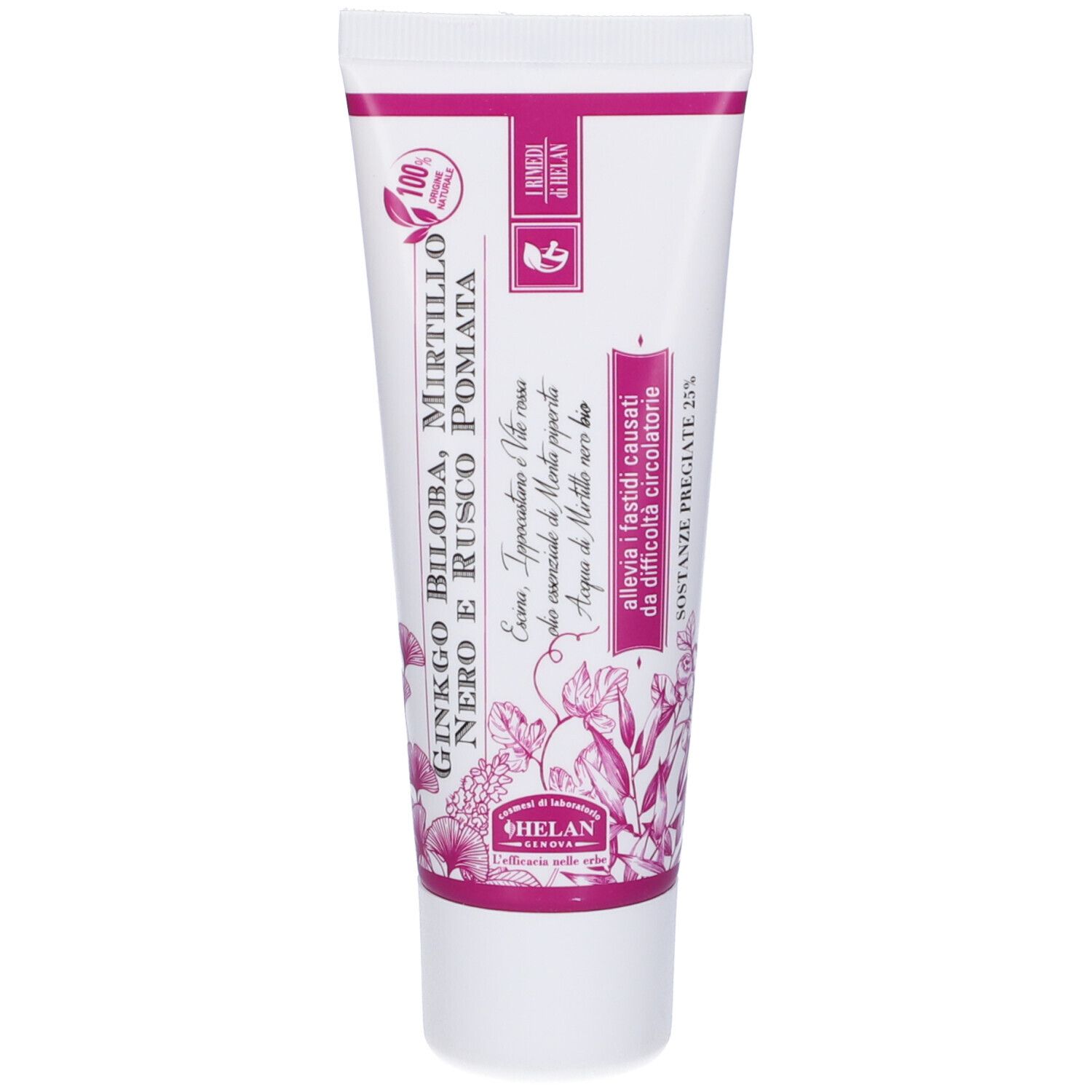 Tubo di crema con nome e logo del prodotto. Colori viola e bianco. Ingredienti naturali al 100%.