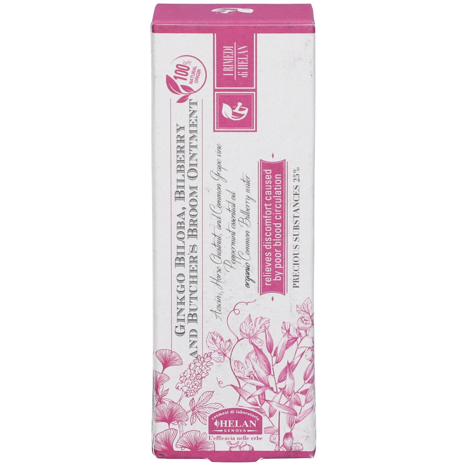 Scatola con nome e logo del prodotto. Colori viola e bianco. Ingredienti naturali al 100%.