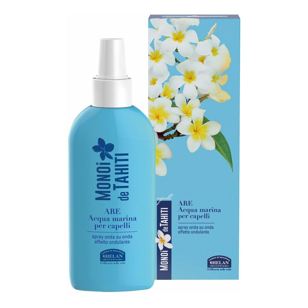 Flacone azzurro con vaporizzatore ed etichetta. Scritta: Monoi de Tahiti, ARE Acqua marina per capelli, Spray effetto ondulante.