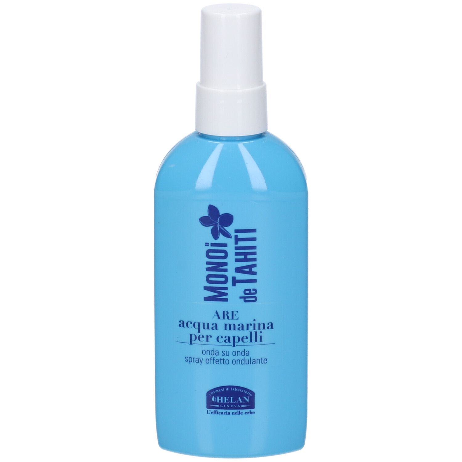 Flacone azzurro con vaporizzatore. Scritta: Monoi de Tahiti, ARE Acqua marina per capelli, Spray effetto ondulante. Marchio: HELAN.