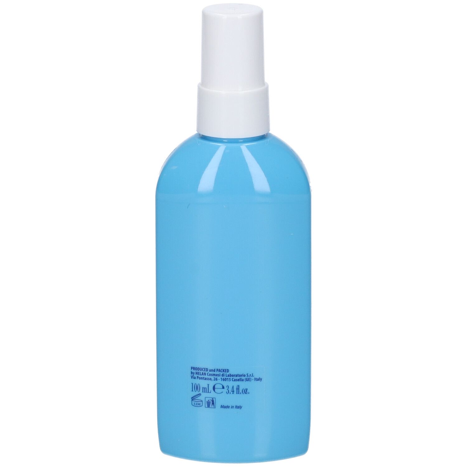 Flacone azzurro con vaporizzatore. Retro con informazioni prodotto. Marchio: HELAN. Scritta: 100 ml e 3.4 fl.oz.