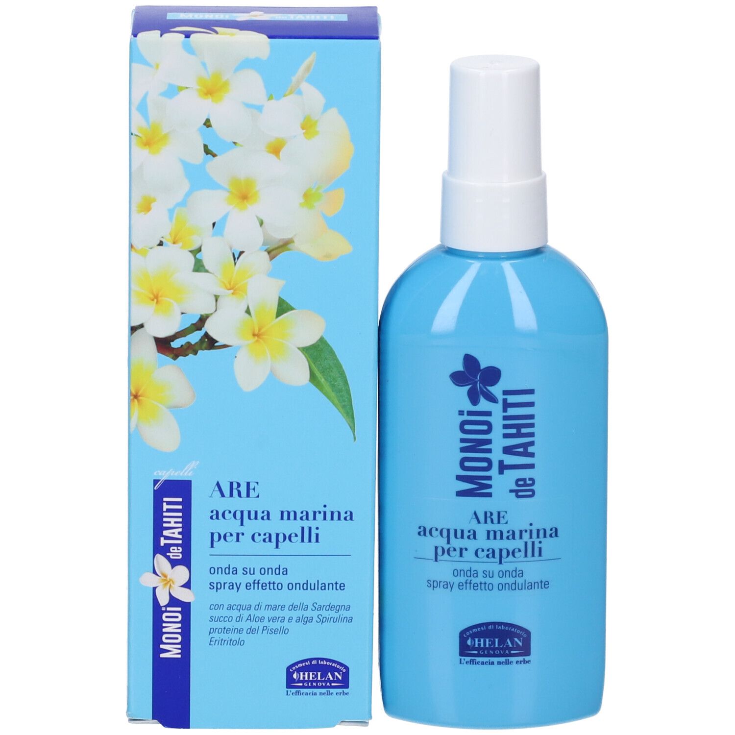Flacone azzurro e confezione. Scritta: Monoi de Tahiti, ARE Acqua marina per capelli, Spray effetto ondulante. Marchio: HELAN.