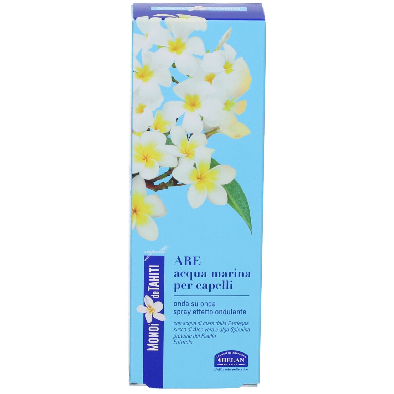 Confezione azzurra con motivo floreale. Scritta: ARE Acqua marina per capelli, Spray effetto ondulante. Marchio: HELAN.