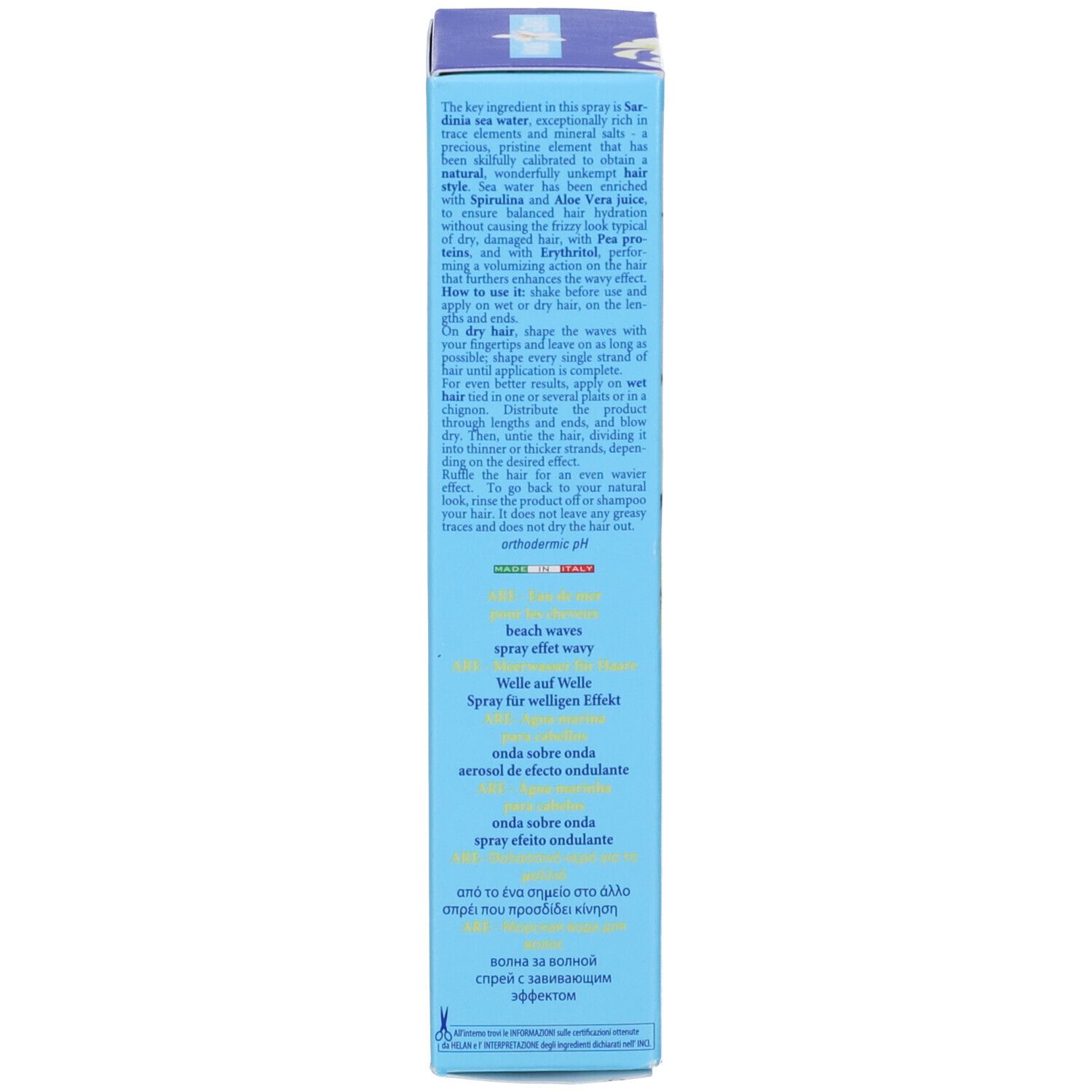 Confezione azzurra. Testo multilingue. Descrive ingredienti e uso. Marchio: HELAN. Con certificazioni.