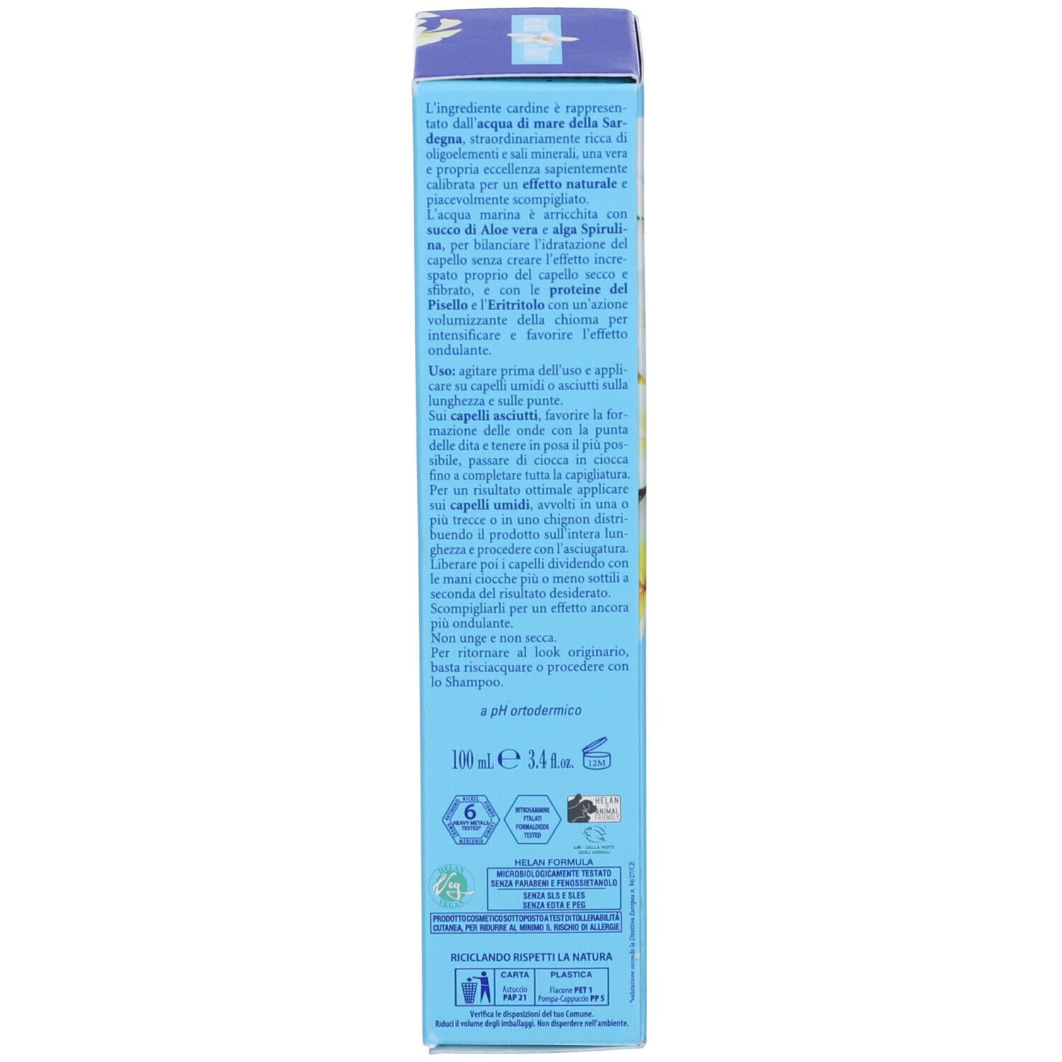 Confezione azzurra. Informazioni prodotto e ingredienti. Marchio: HELAN. Con certificazioni e indicazione del pH.