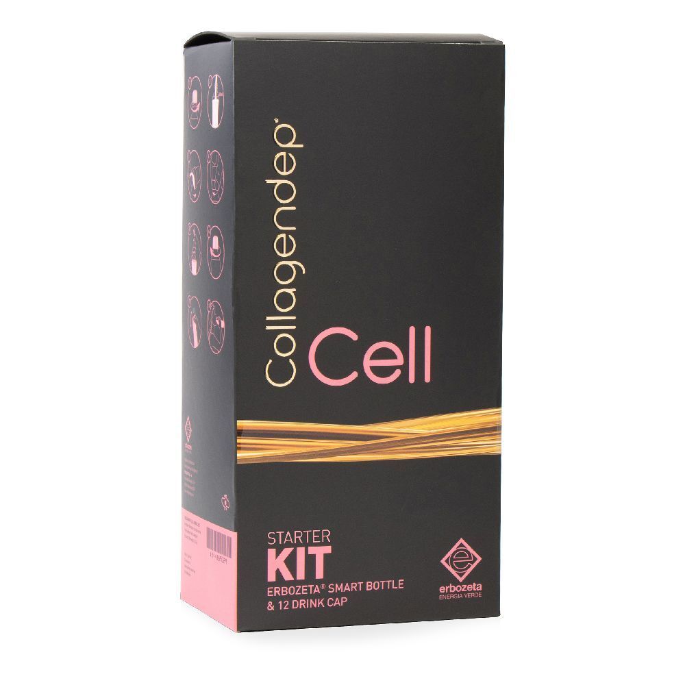 Confezione nera con testo rosa "Cell Starter Kit". Contiene Smart Bottle e 12 tappi. Logo Erbozeta.