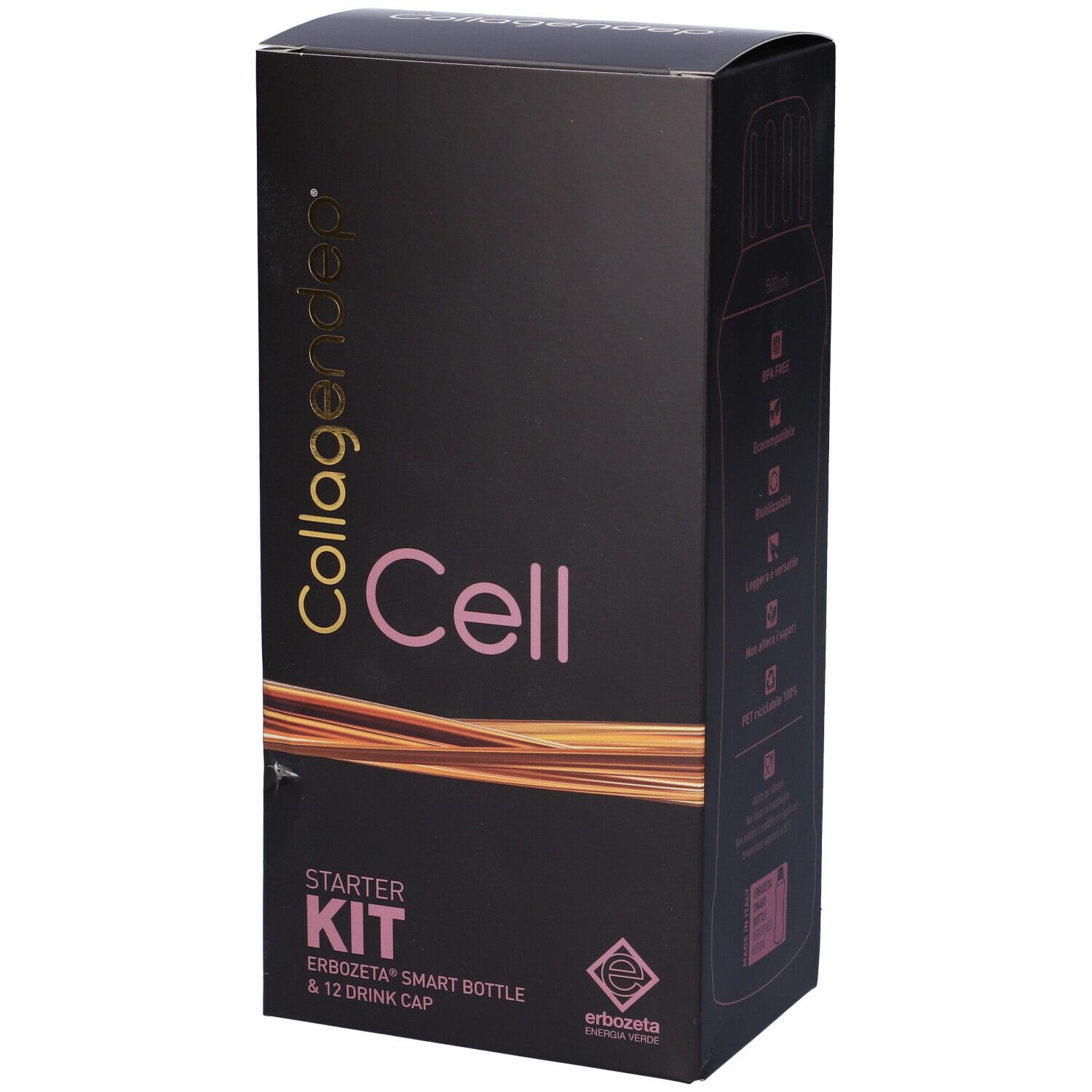 Confezione nera con testo dorato "Cell Starter Kit". Contiene Smart Bottle e 12 tappi. Logo Erbozeta.