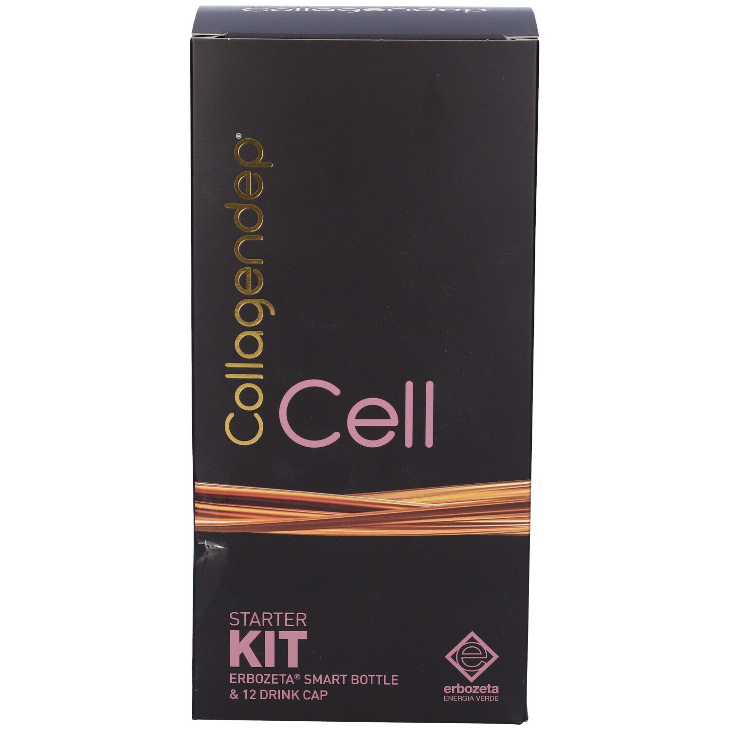 Confezione nera con testo dorato "Cell Starter Kit". Contiene Smart Bottle e 12 tappi. Logo Erbozeta.