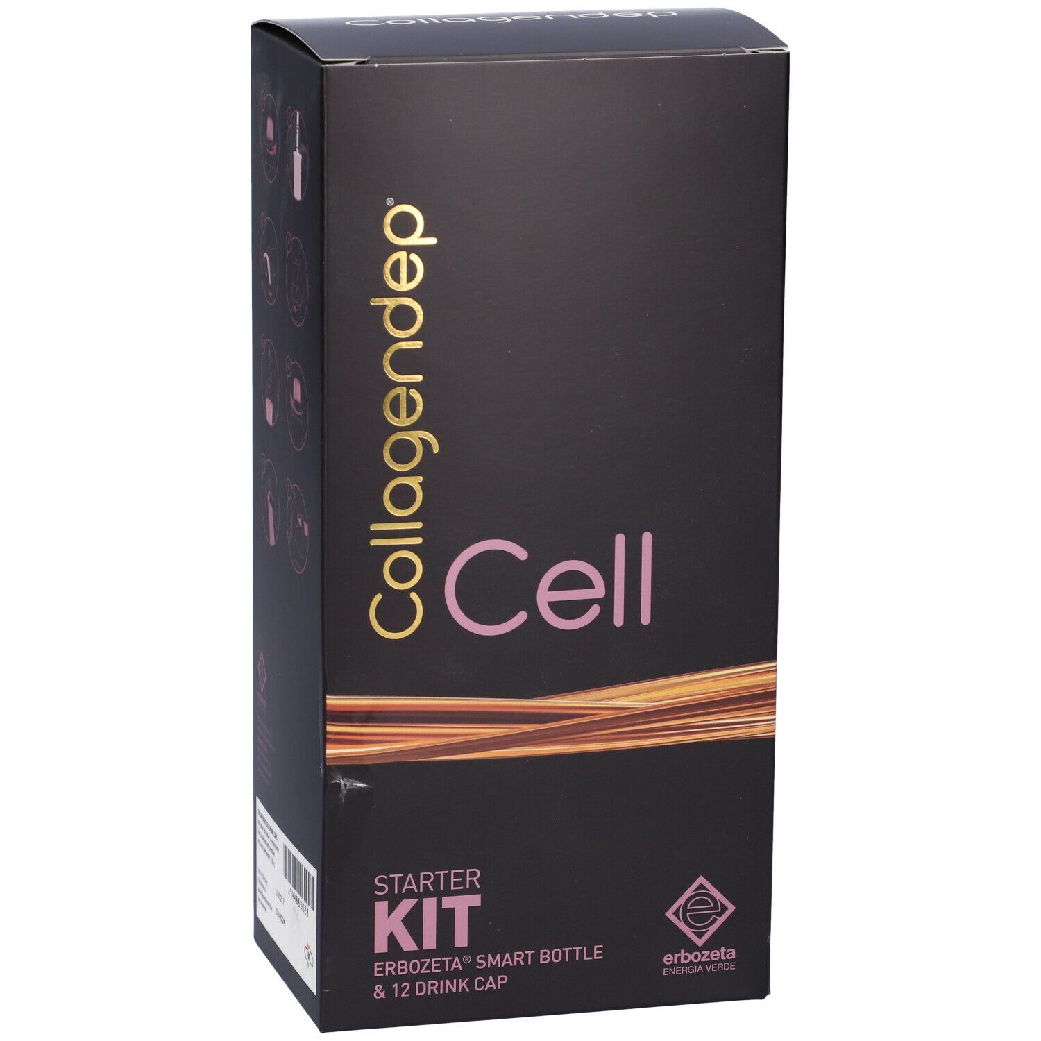 Confezione nera con testo rosa "Cell Starter Kit". Contiene Smart Bottle e 12 tappi. Logo Erbozeta.