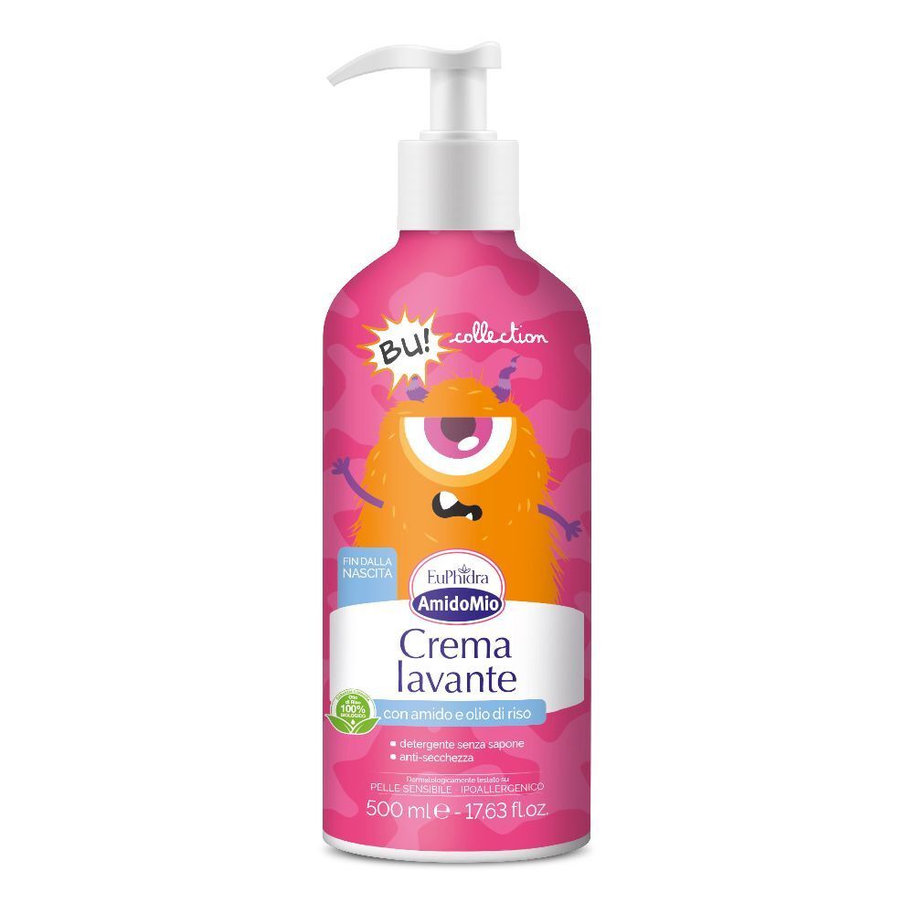 Flacone rosa con dosatore. Illustrazione di mostro e testo: Euphidra Amido Mio Crema lavante.