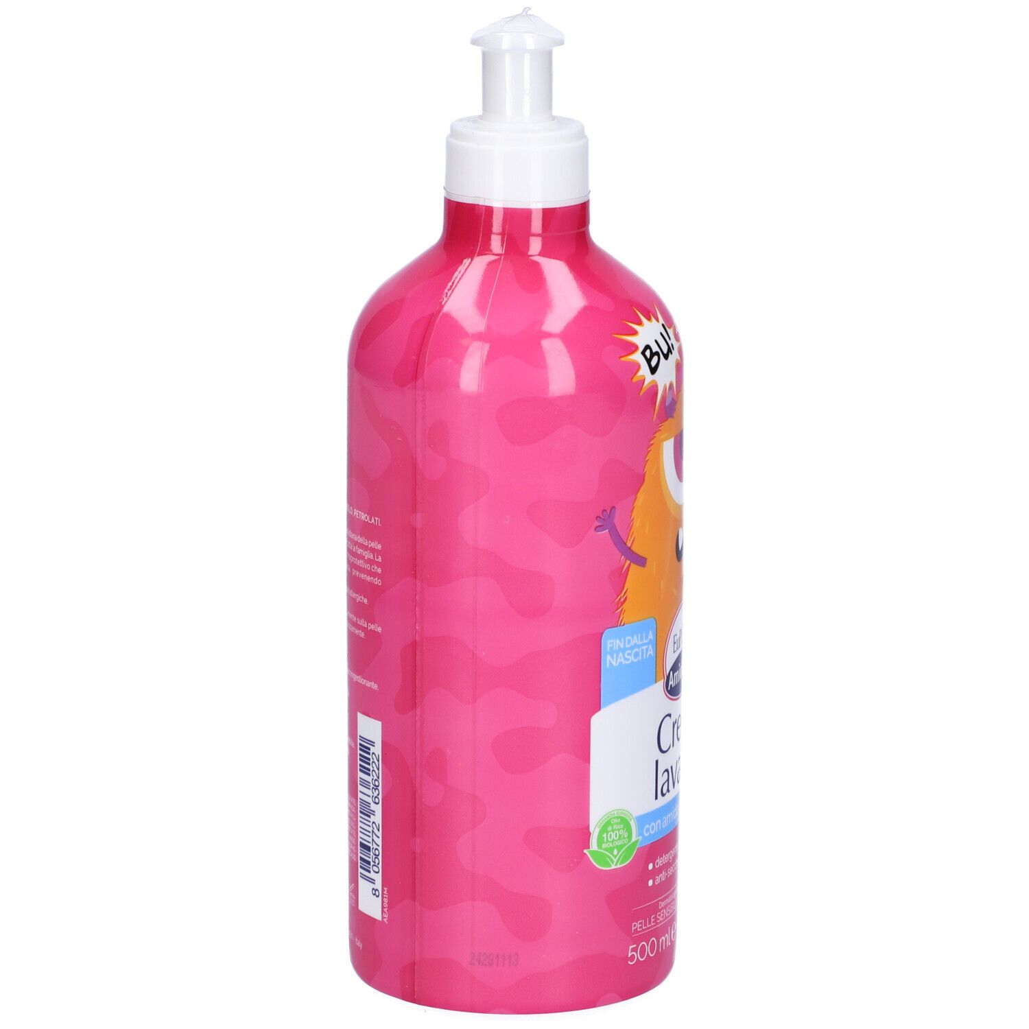 Flacone rosa con dosatore. Illustrazione di mostro e testo: Euphidra Amido Mio Crema lavante.