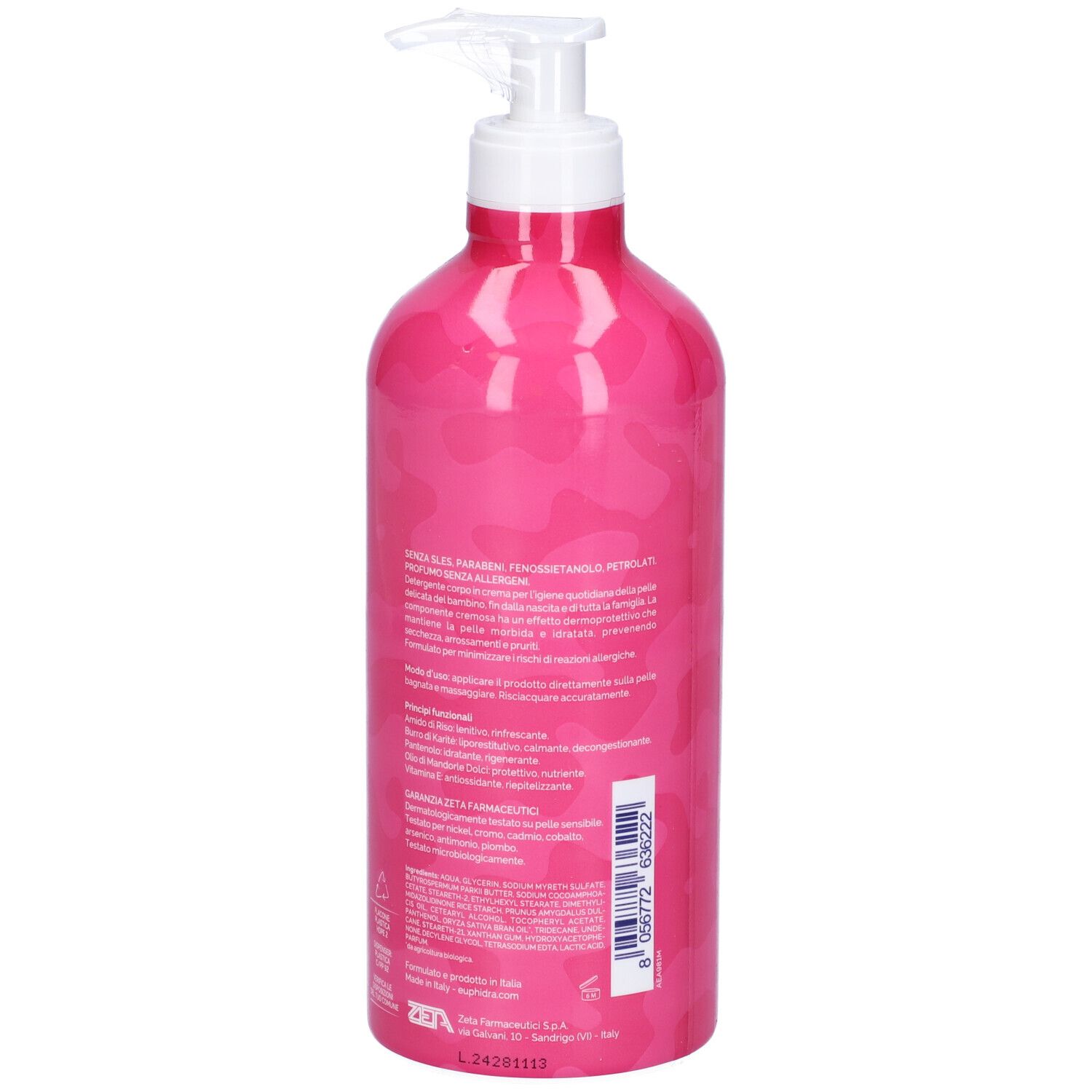 Flacone rosa con dosatore. Retro con testo. Nome del prodotto non visibile.