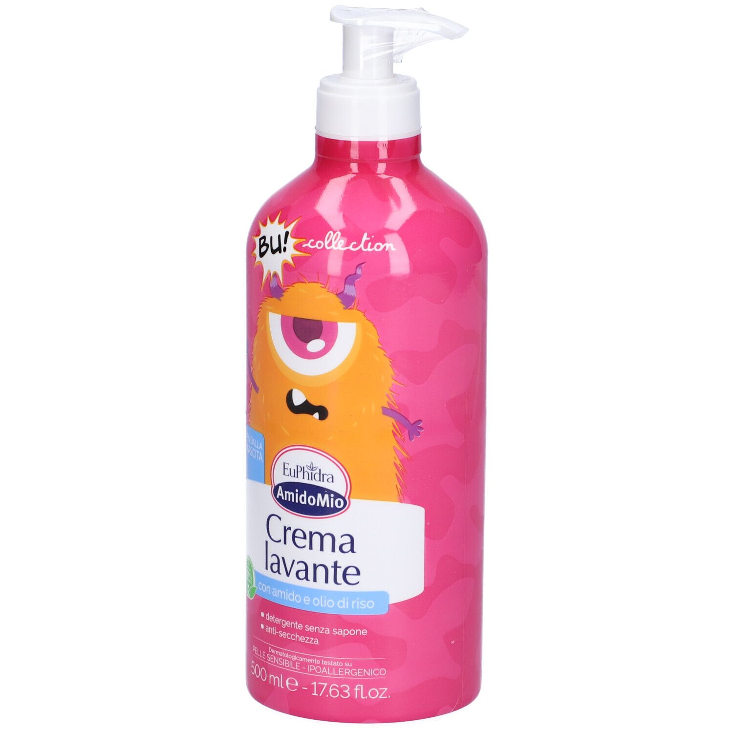 Flacone rosa con dosatore. Illustrazione di mostro e testo: Euphidra Amido Mio Crema lavante.