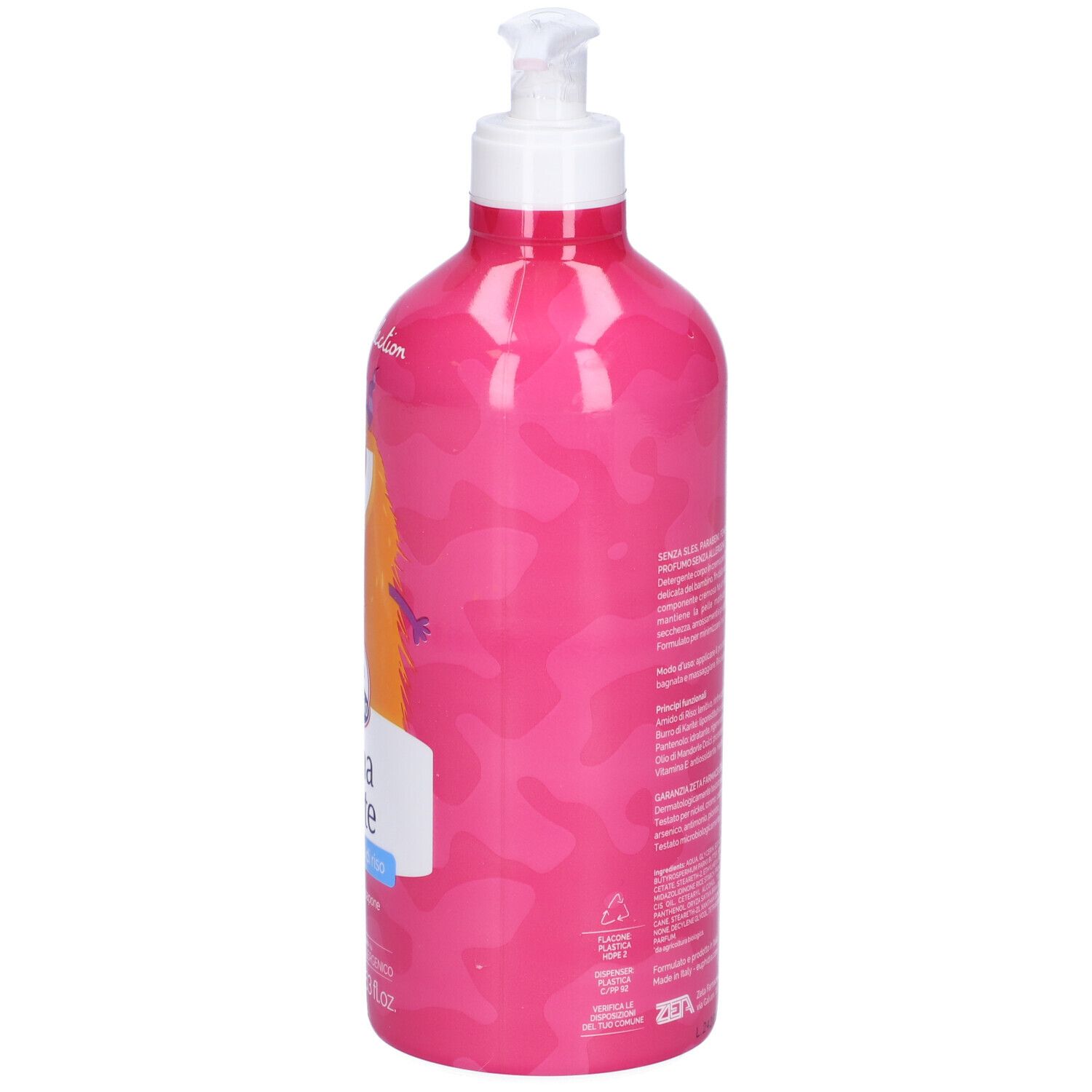 Flacone rosa con dosatore. Retro con testo. Nome del prodotto non visibile.