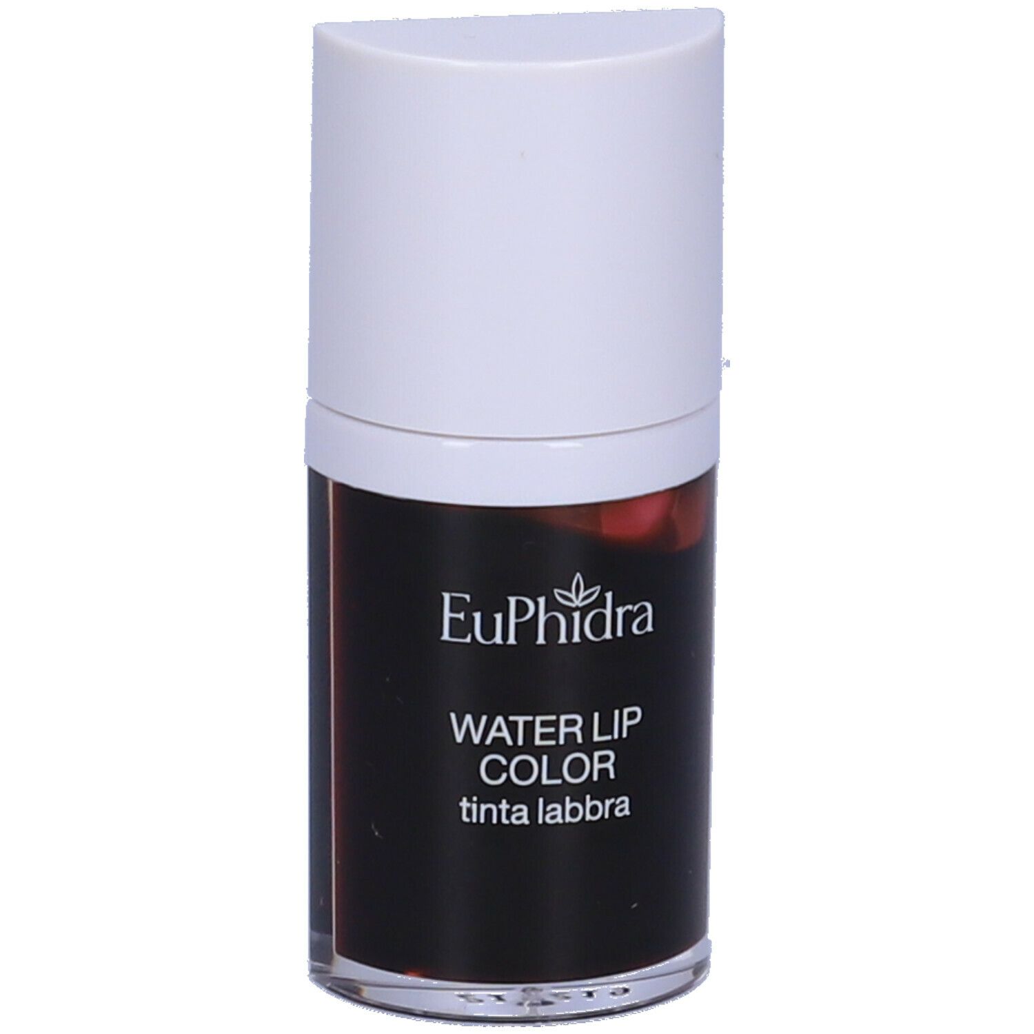 Flacone cilindrico con tappo bianco. Scritta: Euphidra Water Lip Color. Liquido nero visibile.
