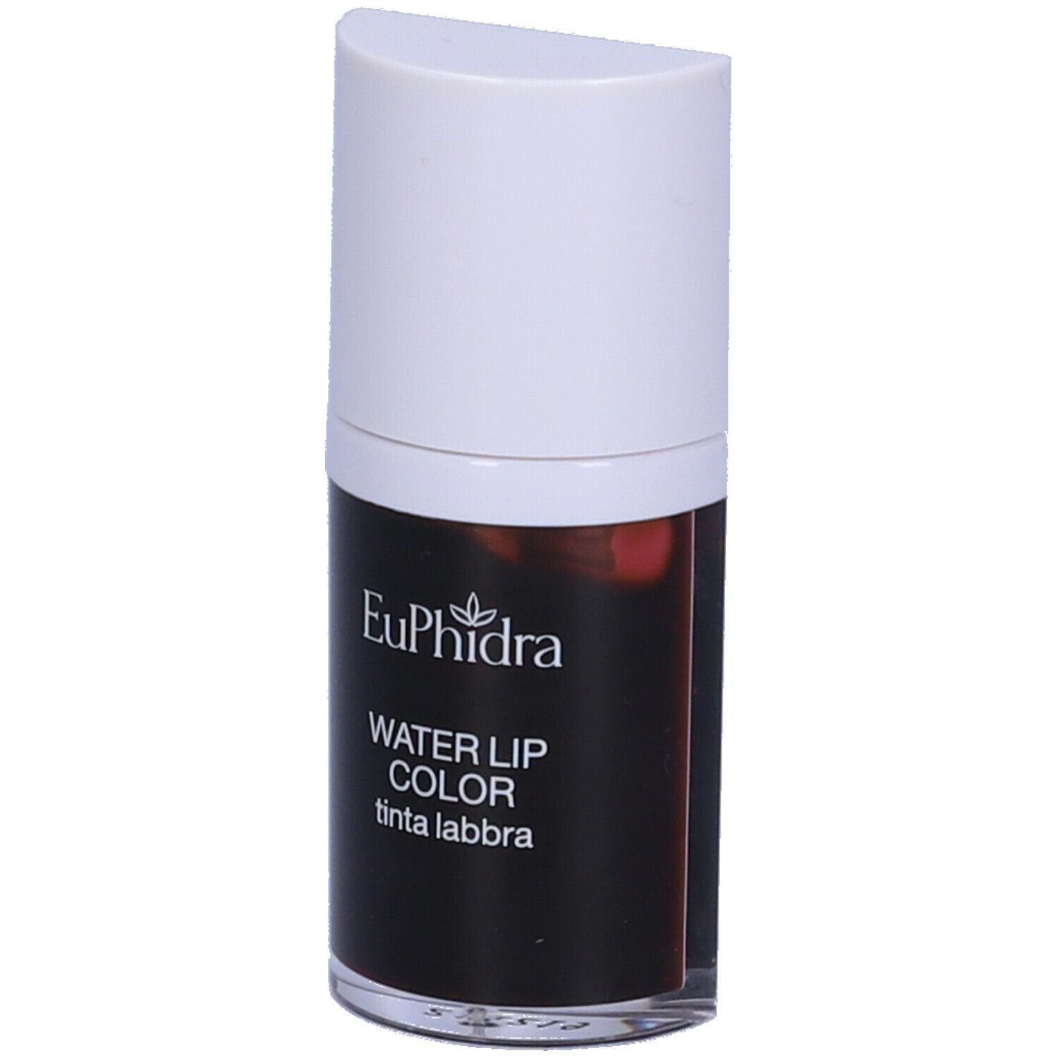 Flacone cilindrico con tappo bianco. Scritta: Euphidra Water Lip Color. Liquido nero visibile.