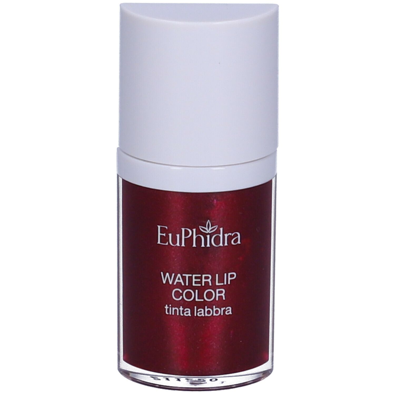 Contenitore di lucidalabbra rosso con tappo bianco. Scritta: Euphidra Water Lip Color.