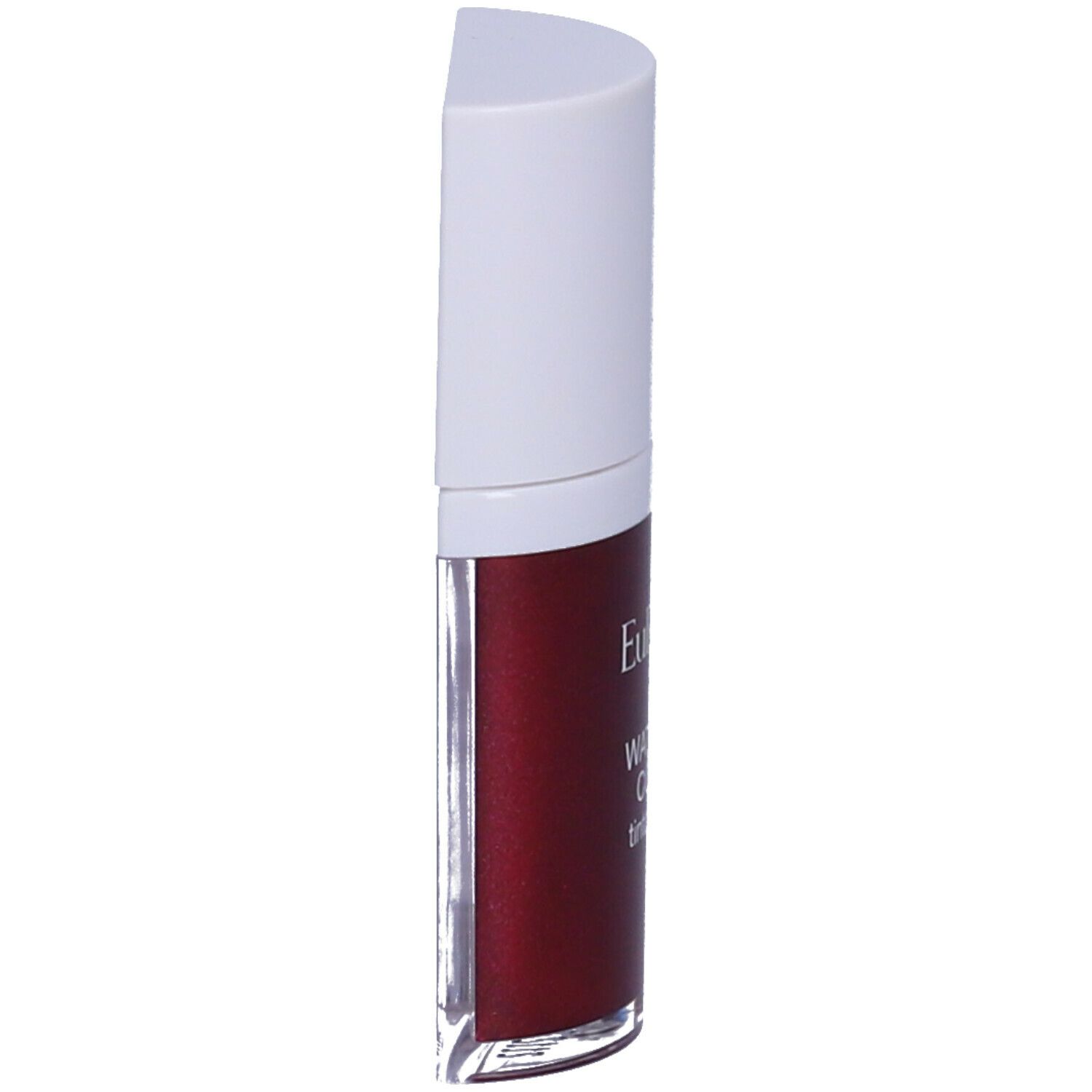 Contenitore di lucidalabbra rosso, vista laterale. Tappo bianco. Scritta: Euphidra Water Lip Color.