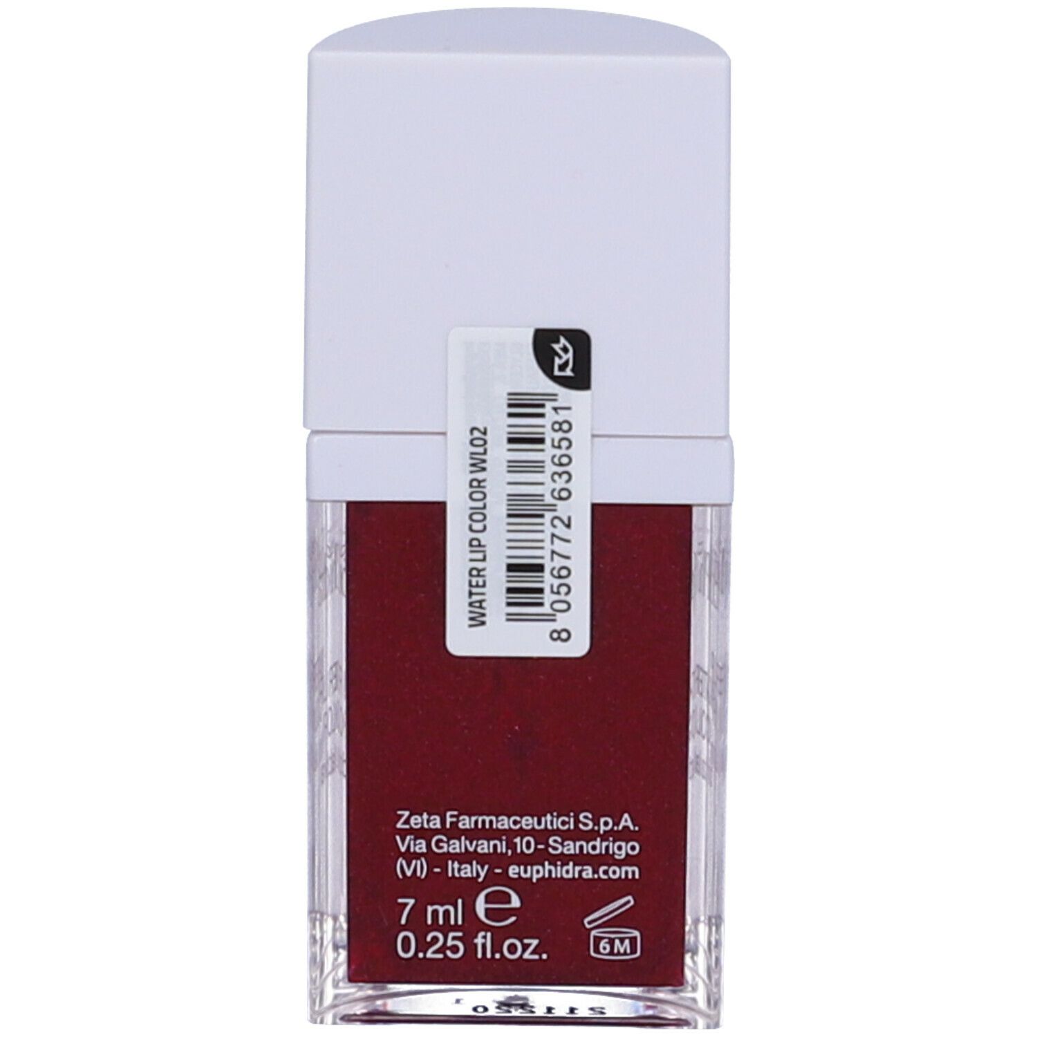 Contenitore di lucidalabbra rosso con tappo bianco. Scritta: Water Lip Color WL02, 7 ml, 0.25 fl.oz.