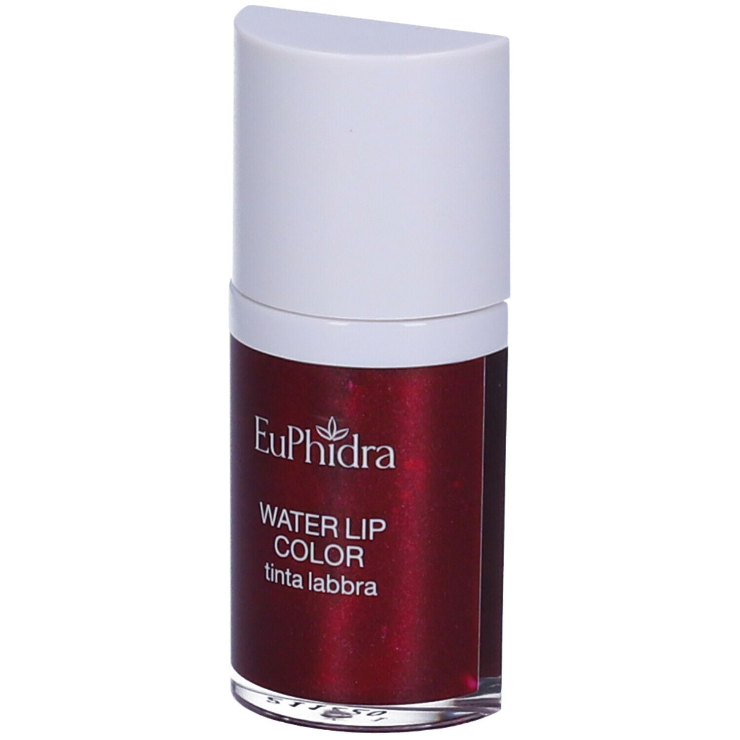 Contenitore di lucidalabbra rosso con tappo bianco. Scritta: Euphidra Water Lip Color.