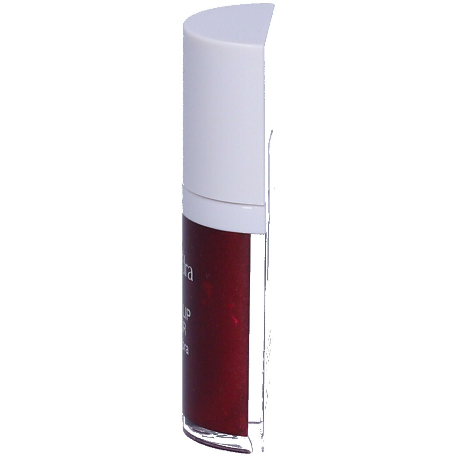 Contenitore di lucidalabbra rosso, vista laterale. Tappo bianco. Scritta: Euphidra Water Lip Color.