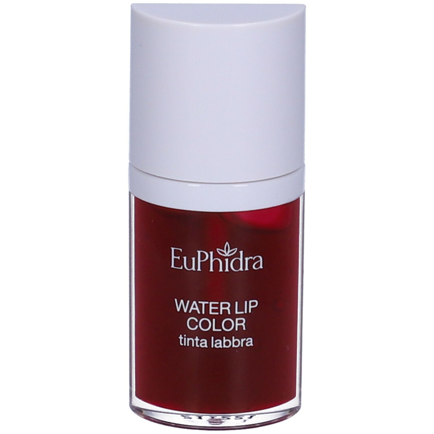 Contenitore di lucidalabbra rosso con tappo bianco. Scritta: Euphidra Water Lip Color tinta labbra.