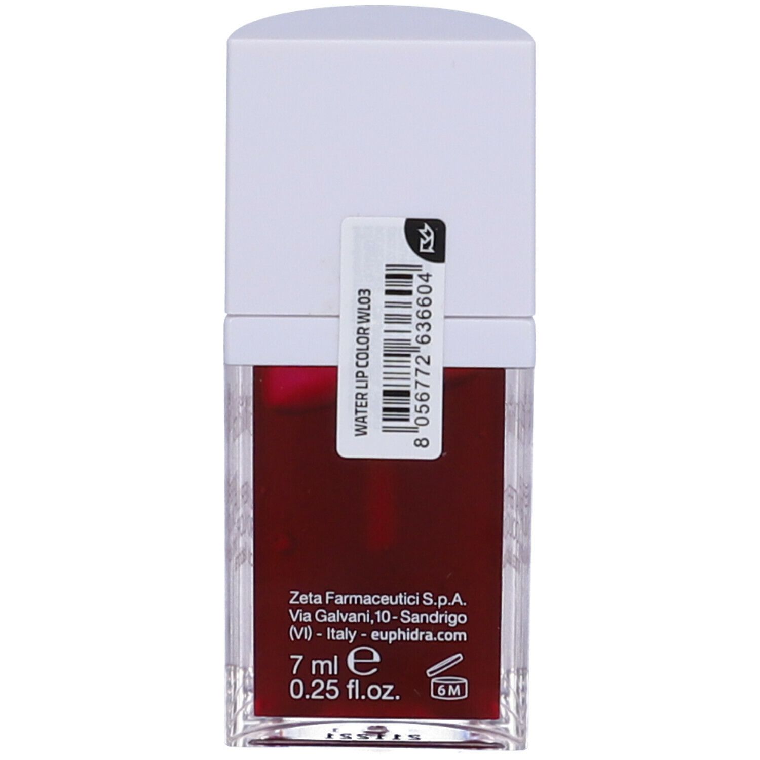 Contenitore di lucidalabbra rosso con tappo bianco, retro con etichetta. Scritta: Water Lip Color WL03, 7 ml, 0.25 fl.oz.