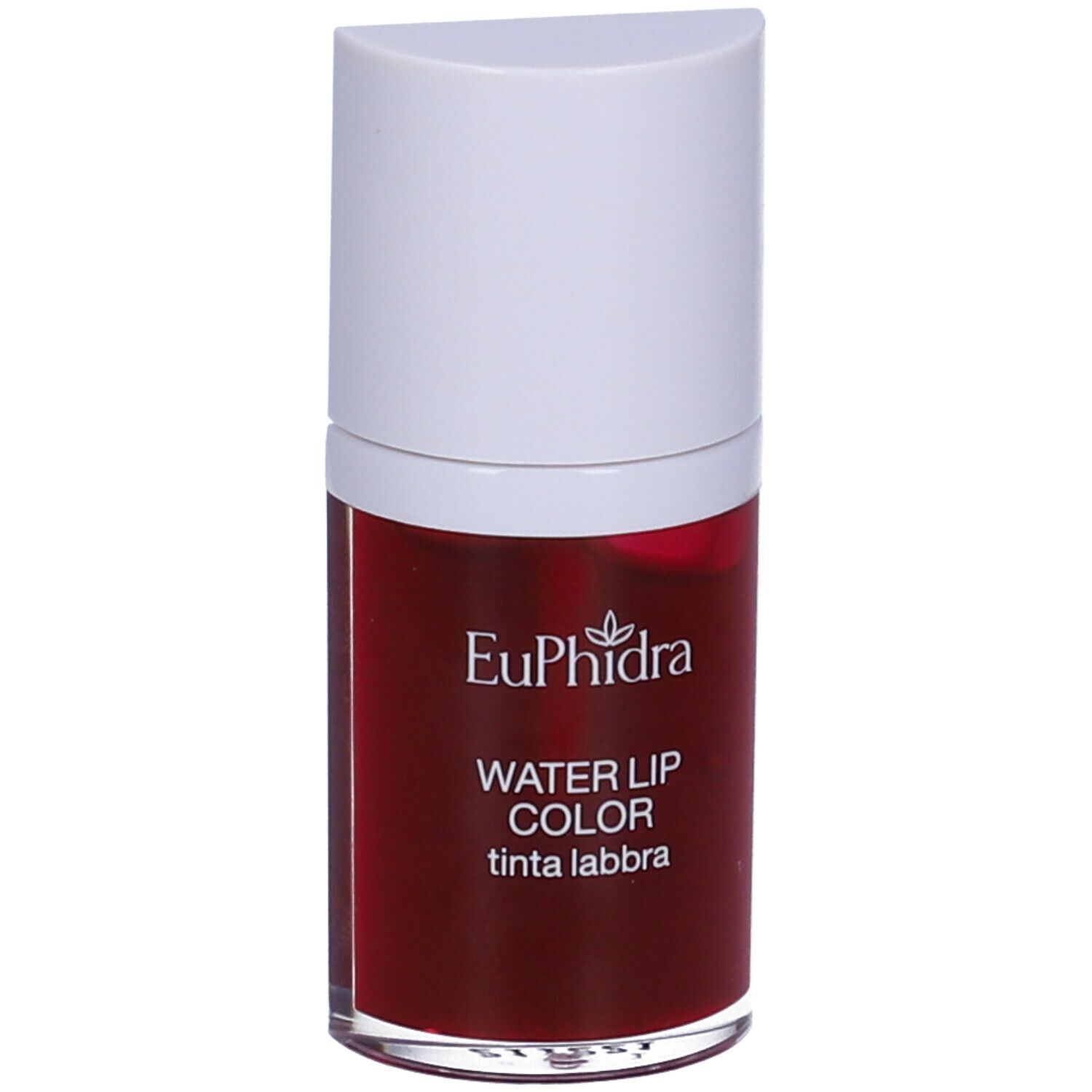 Contenitore di lucidalabbra rosso con tappo bianco. Scritta: Euphidra Water Lip Color tinta labbra.