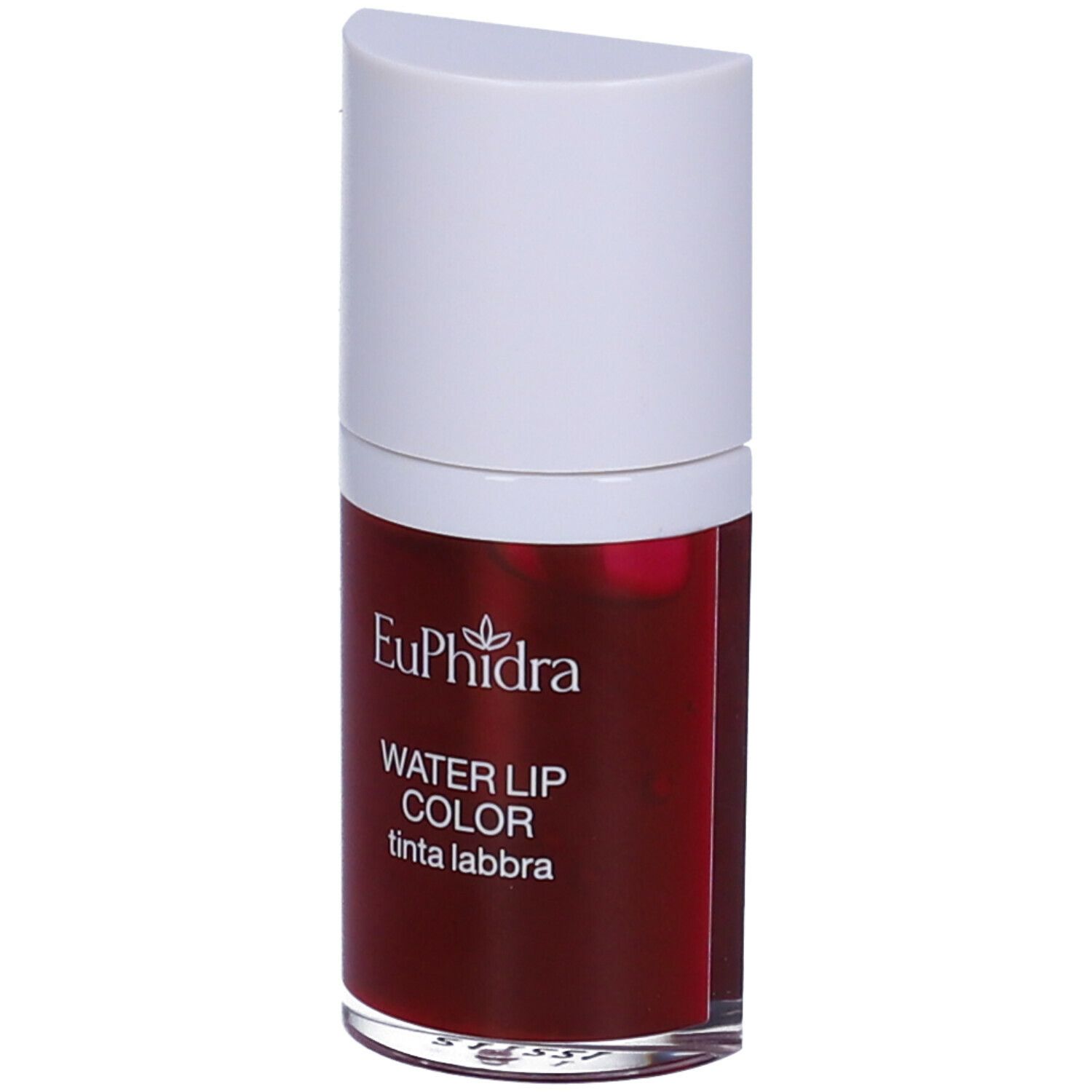 Contenitore di lucidalabbra rosso con tappo bianco. Scritta: Euphidra Water Lip Color tinta labbra.