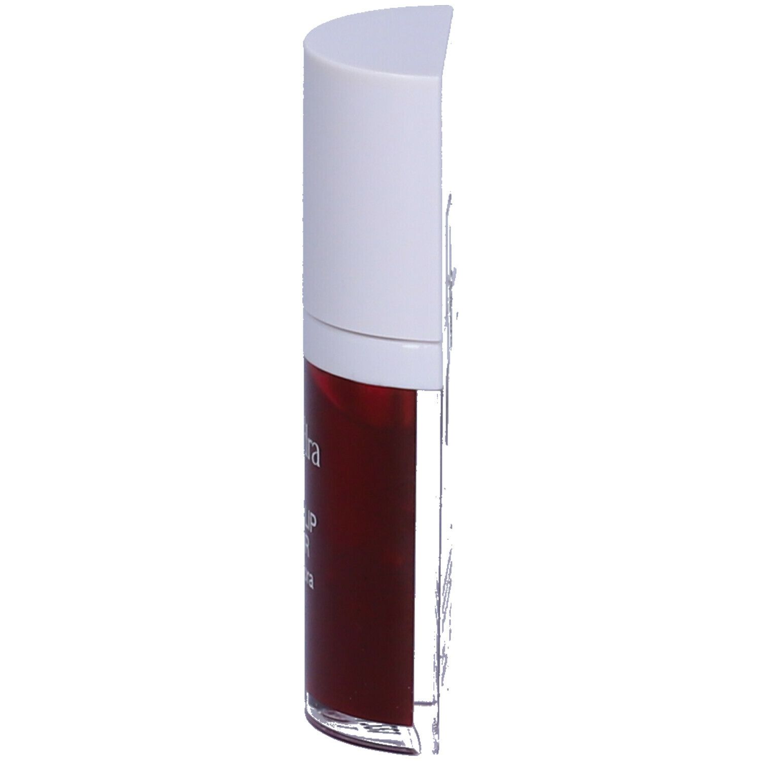 Contenitore di lucidalabbra rosso con tappo bianco, vista laterale. Scritta: Euphidra Water Lip Color tinta labbra.
