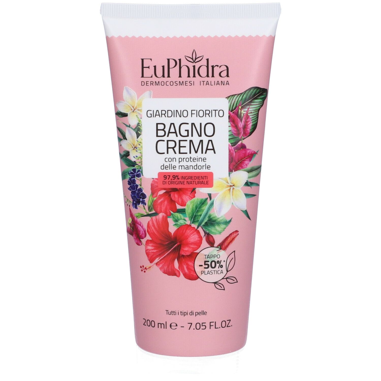 Tubo rosa con design floreale. Contiene nome prodotto e testo informativo.