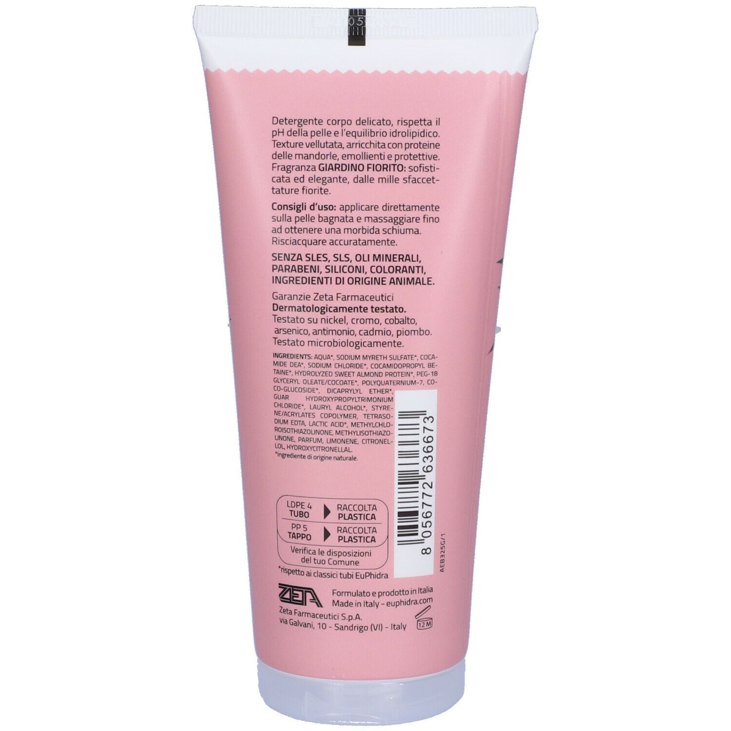 Retro di un tubo rosa con testo. Contiene ingredienti e informazioni del produttore.