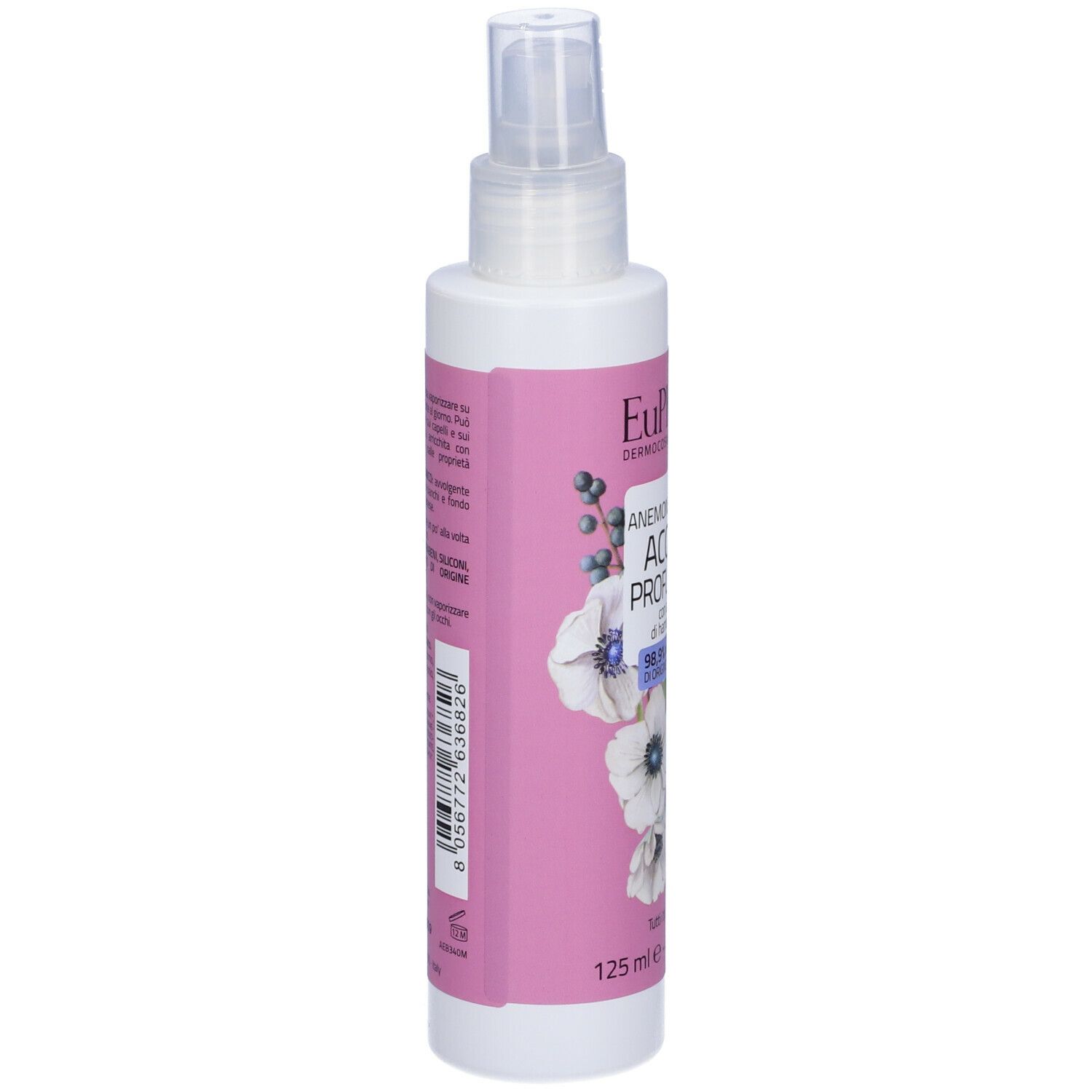 Flacone bianco con vaporizzatore. Etichetta rosa con informazioni sul prodotto e design floreale. Vista laterale.