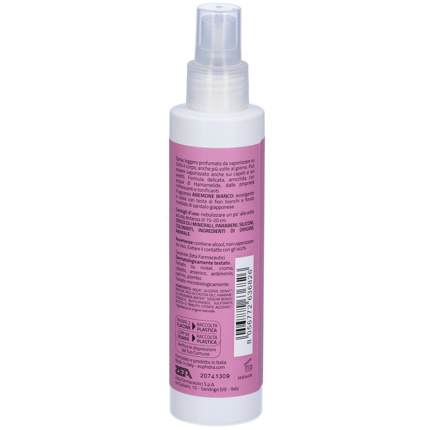 Vista posteriore di un flacone bianco con vaporizzatore. Etichetta rosa con testo. Contiene ingredienti e informazioni del produttore.