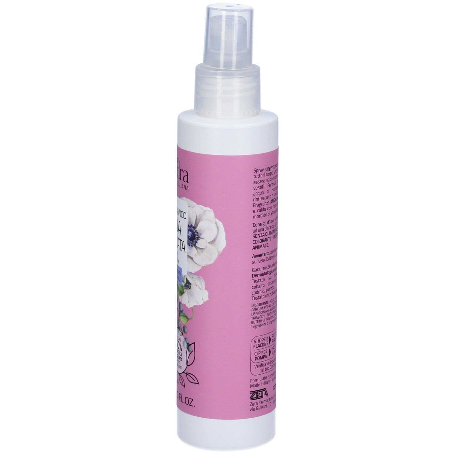 Flacone bianco con vaporizzatore. Etichetta rosa con nome del prodotto e design floreale. Vista posteriore con testo.