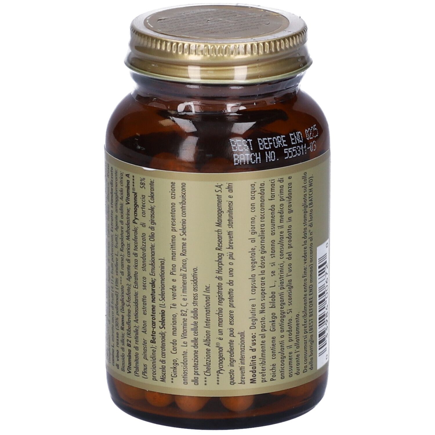 Flacone di vetro marrone con tappo dorato. Retro con ingredienti e informazioni. Testo in più lingue.