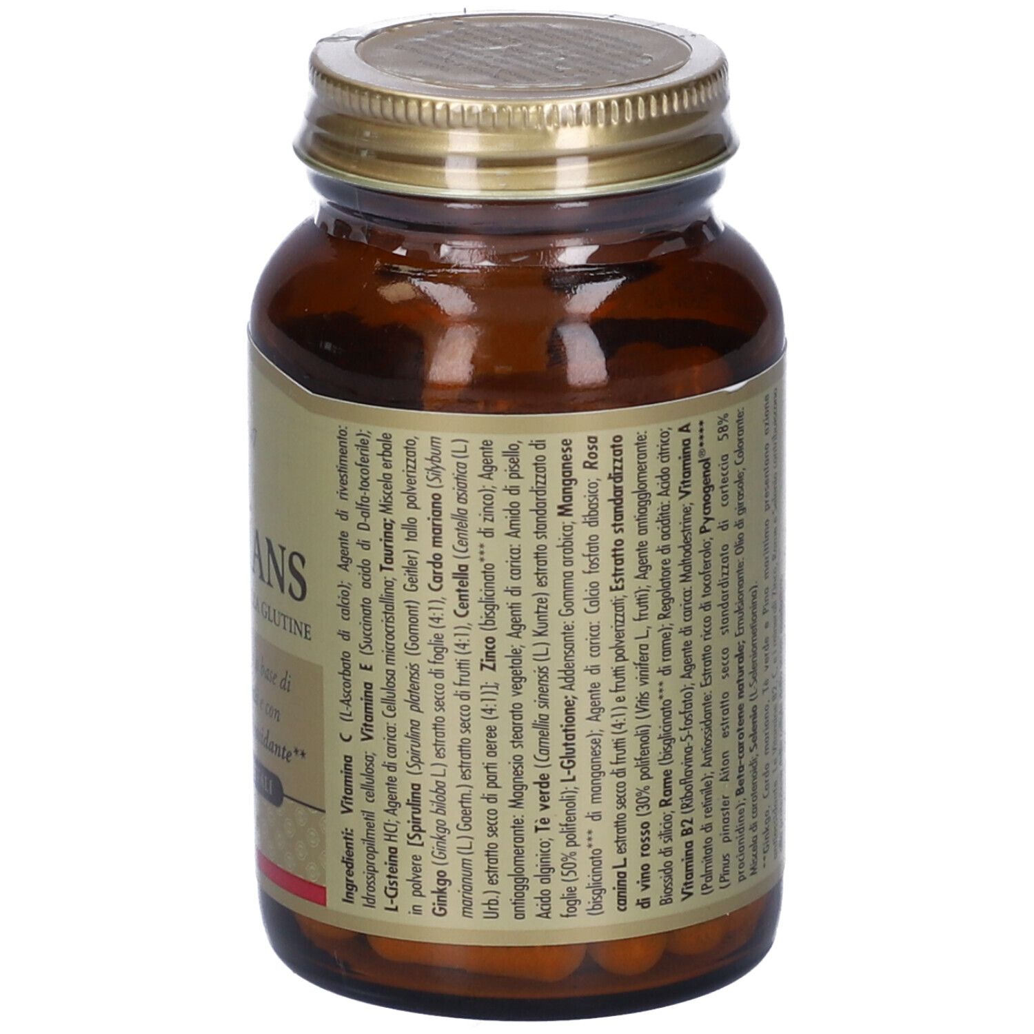 Flacone di vetro marrone con tappo dorato. Etichetta con nome del prodotto e informazioni. 60 capsule, vegane, senza glutine.