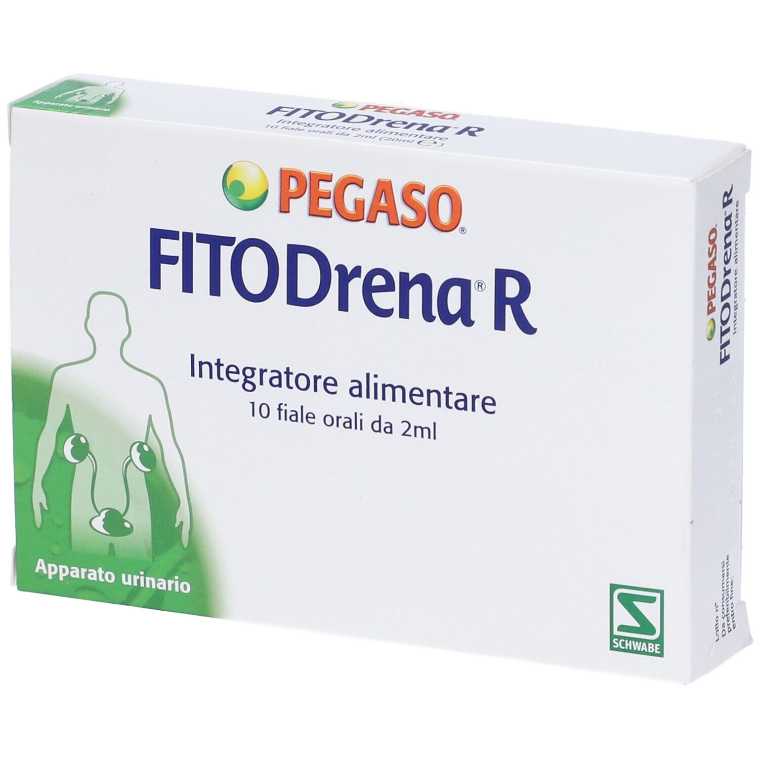 Scatola bianca con nome e logo del prodotto. Testo: Integratore alimentare, 10 Fiale orali da 2ml. Illustrazione dell'apparato urinario.